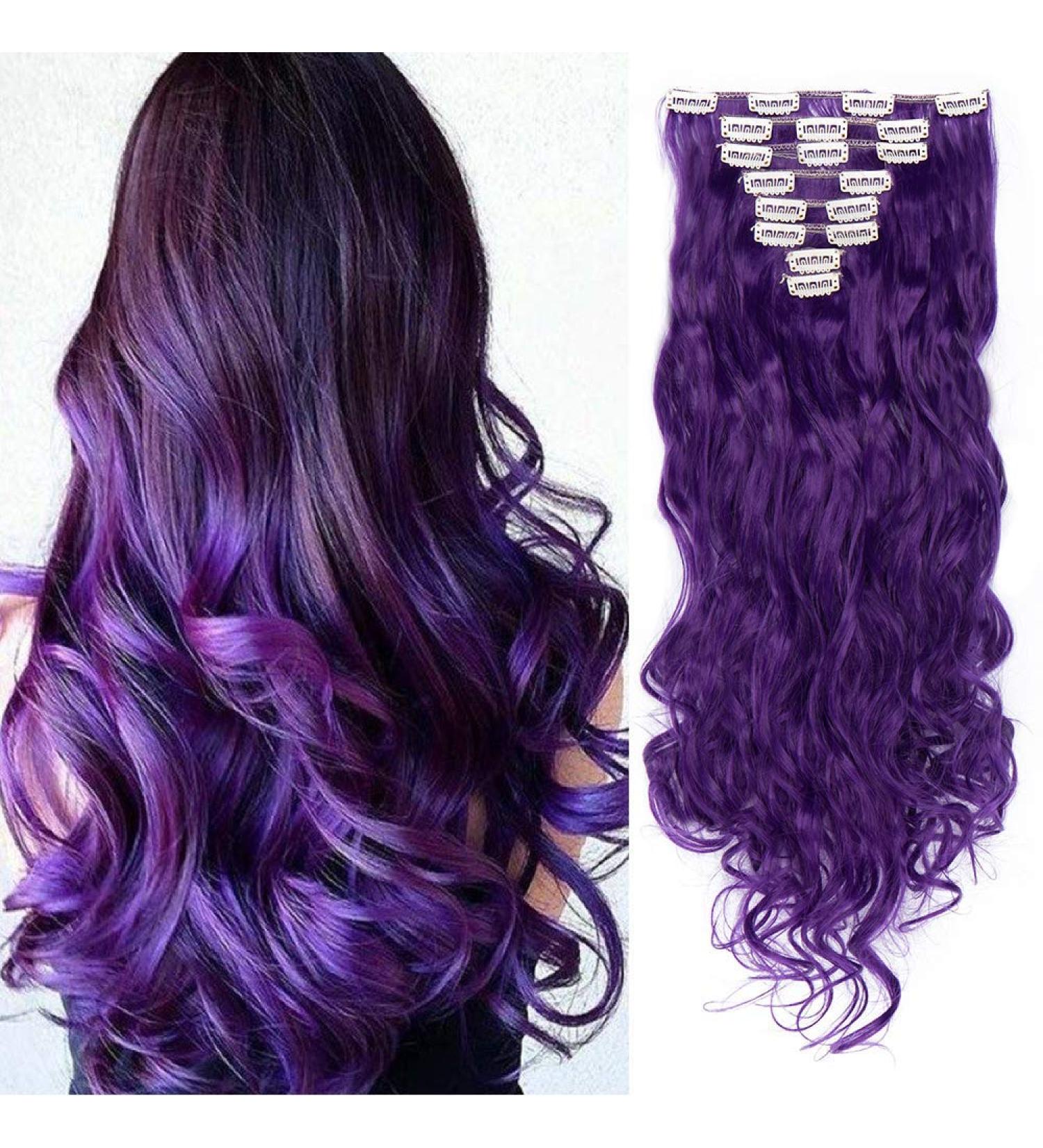 Silk-co Long Curly Wavy Hairpiece Extensions - 8 Pcs Full Head 18 Clips, Synthetic Heat Resistant, 24 inch Dark Purple - Buy Online on GoSupps.com