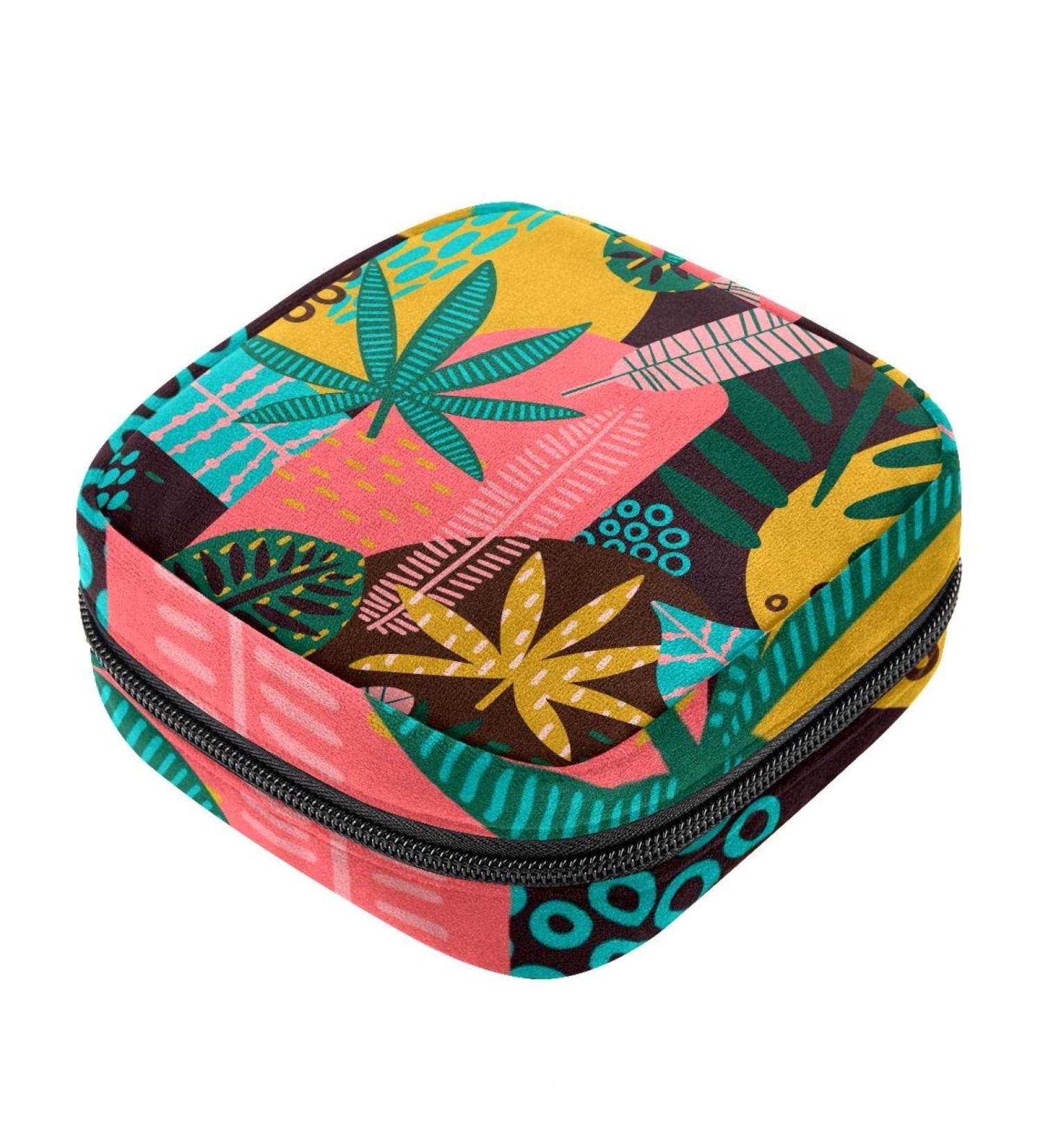 Stylish Menstruation Pad Bag with Zipper - Women's Napkin & Tampon Collecting Bags in Tribal Patterns & Tropical Leaves - Buy Online on GoSupps.com