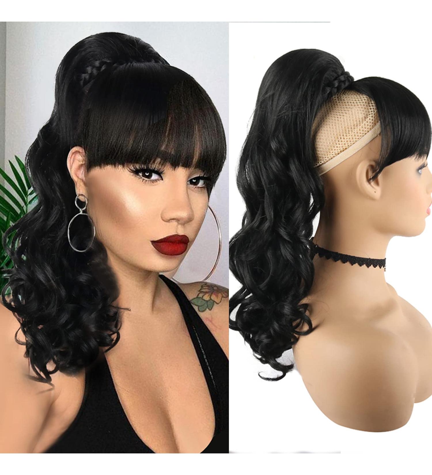 LEOSA 16 Inch Body Wave Bang Ponytail Extension - Heat Resistant Clip in Hairpiece for Women - Buy Online on GoSupps.com