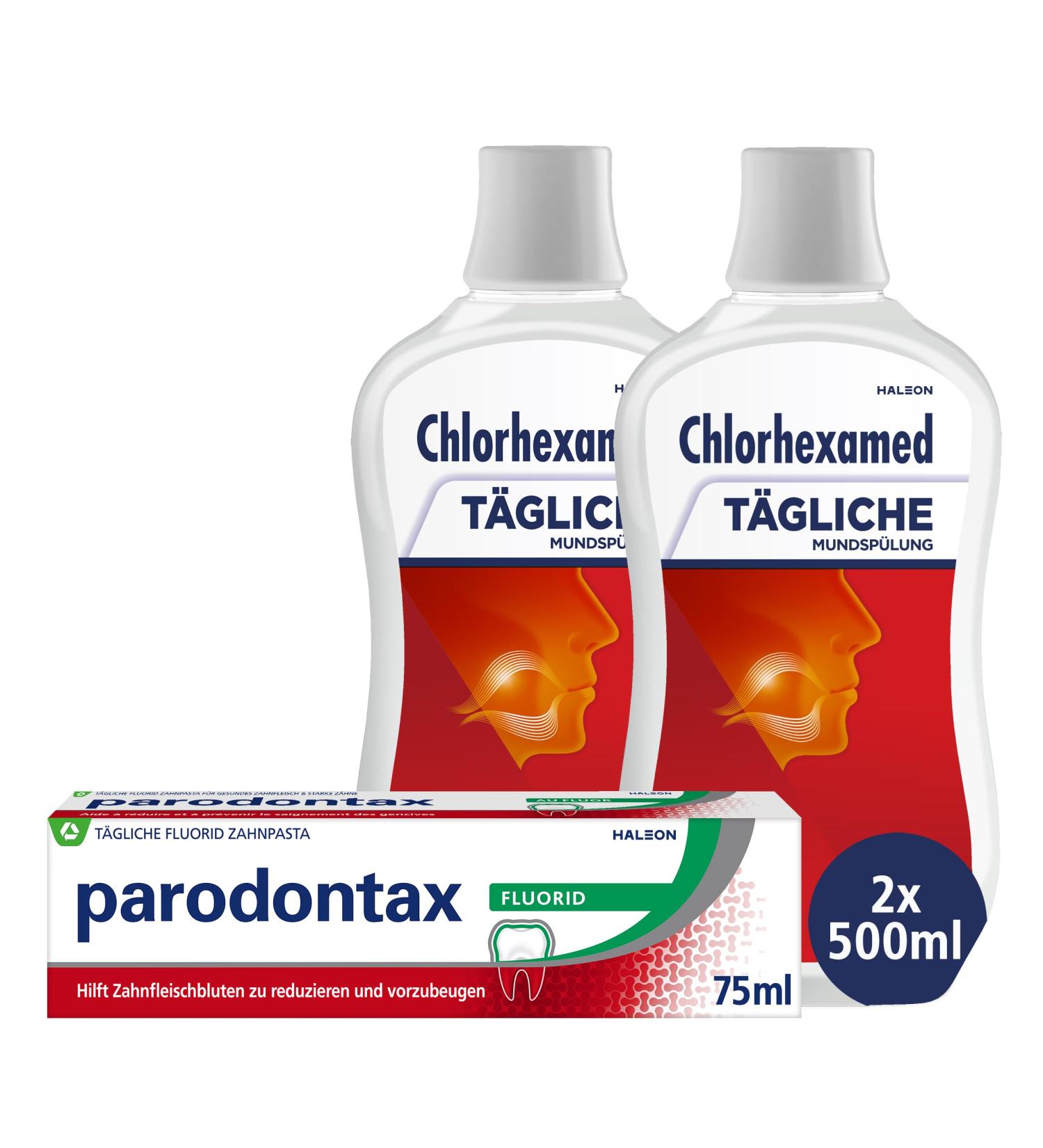 Chlorhexamed Daily Mouthwash 2x500ml & Parodontax Fluoride Toothpaste 75ml - Pack of 3 for Fresh Breath & Oral Health - Buy Online on GoSupps.com