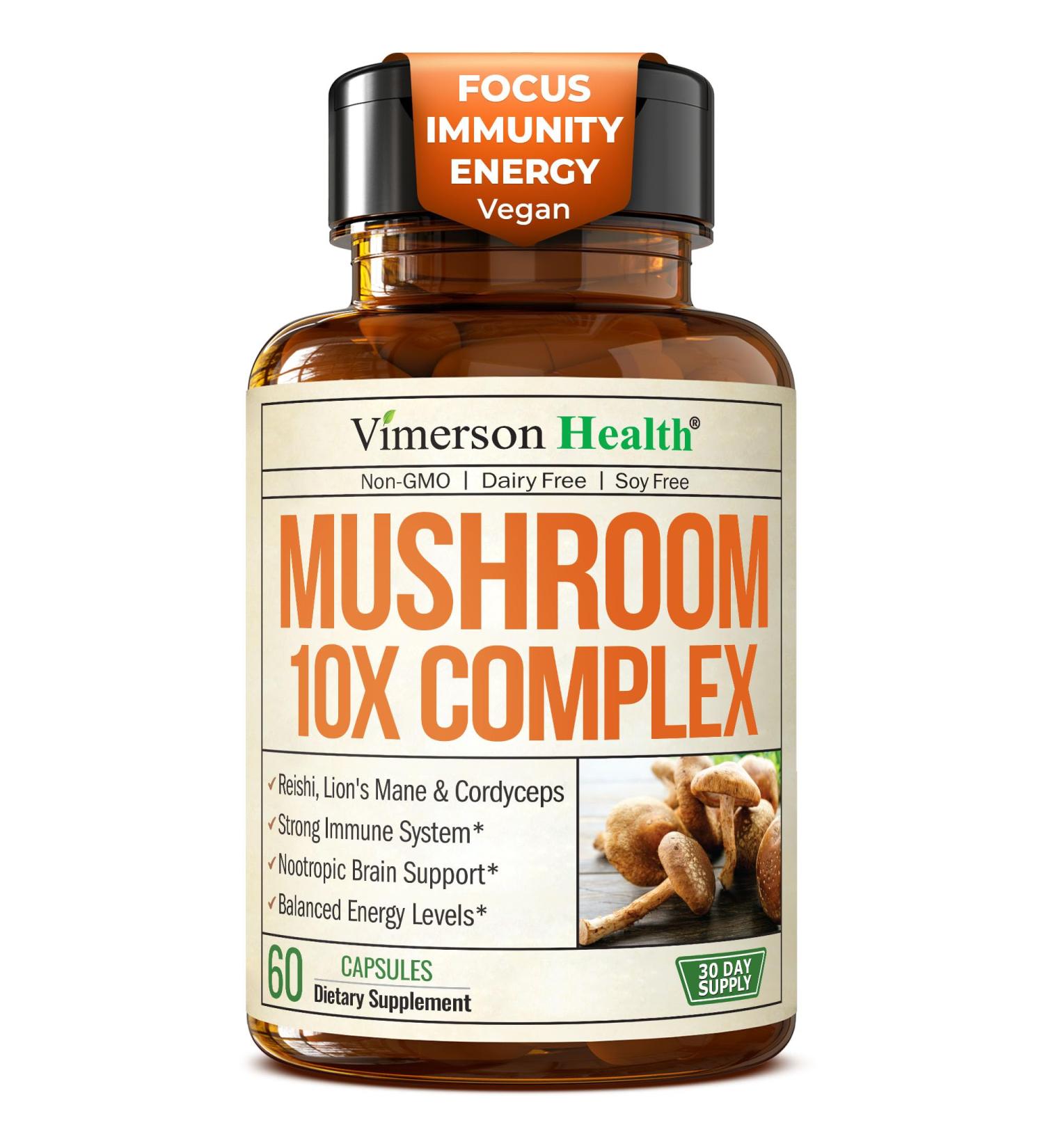 Mushroom 10x Complex with Lions Mane Extract Turkey Tail Cordyceps Reishi Shiitake Chaga & Maitake for Cognitive Support Vegan Mushroom Supplement Blend for Natural Energy & Focus 60 Capsules Mushroom Complex 10-in-1 - Buy Online on GoSupps.com