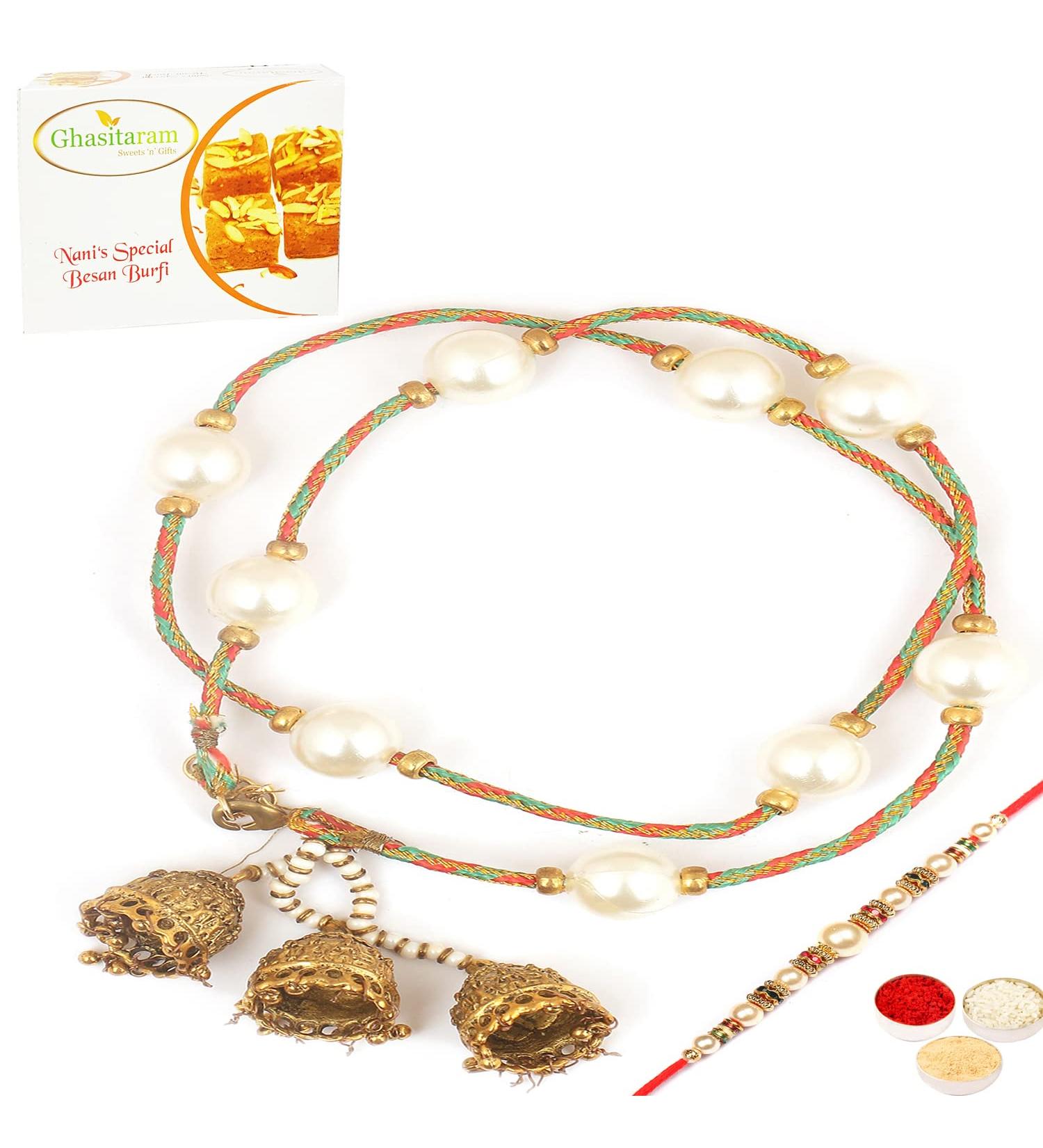 Ghasitaram Gifts Rakhis Online - Rakhi for Brother- Pure as Pearls rm112 Bhaiya Bhabhi Rakhi with 200 GMS of Besan Barfi Rakhi Set with 200 gms of Besan Barfi - Buy Online on GoSupps.com