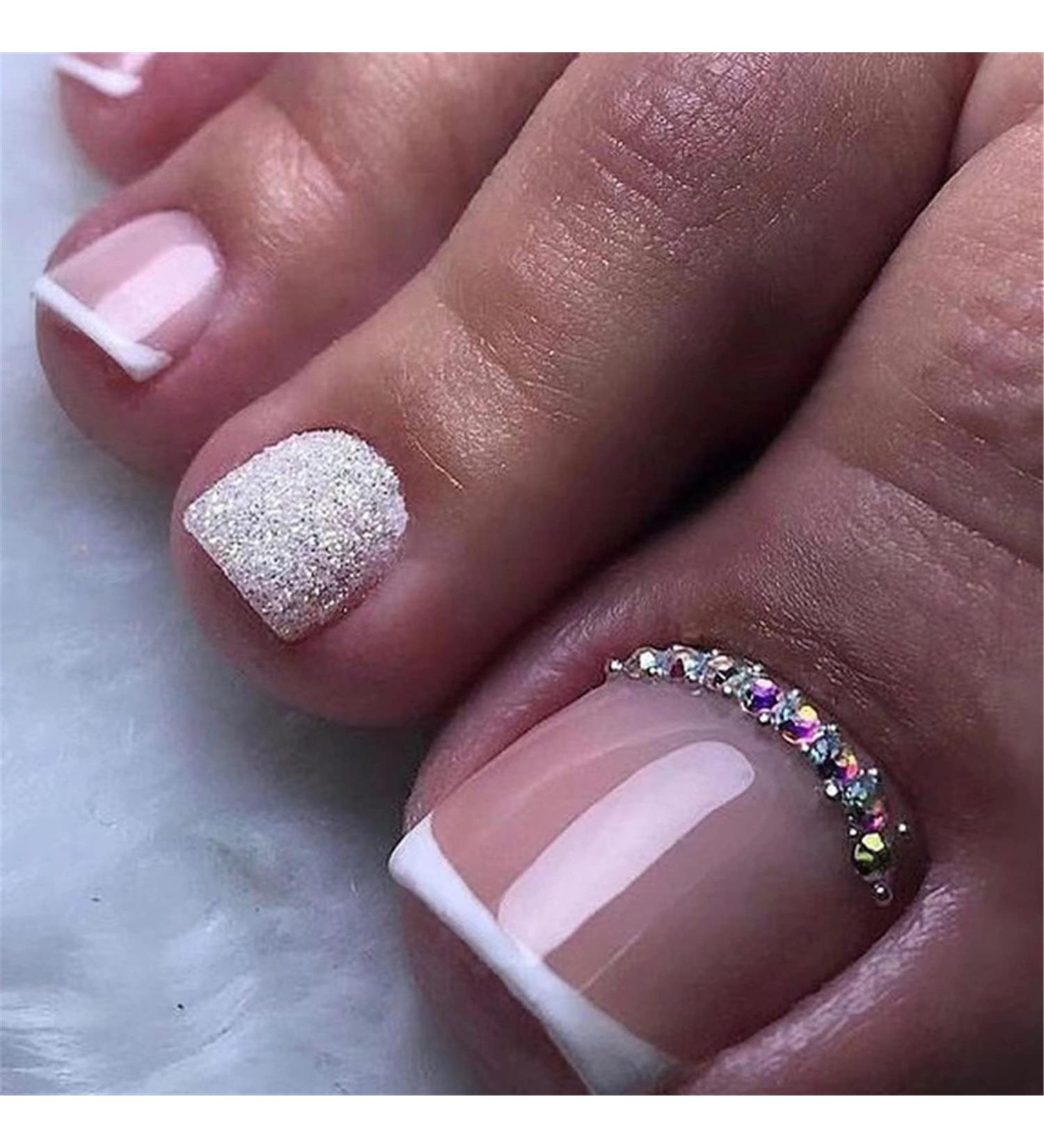 VOTACOS French Tip Press On Toenails - 24PCS Short Square Fake Toeails with Bling Rhinestone Designs for Women - Nude Full Cover Glossy Acrylic Toenails - X31 D4 - Buy Online on GoSupps.com