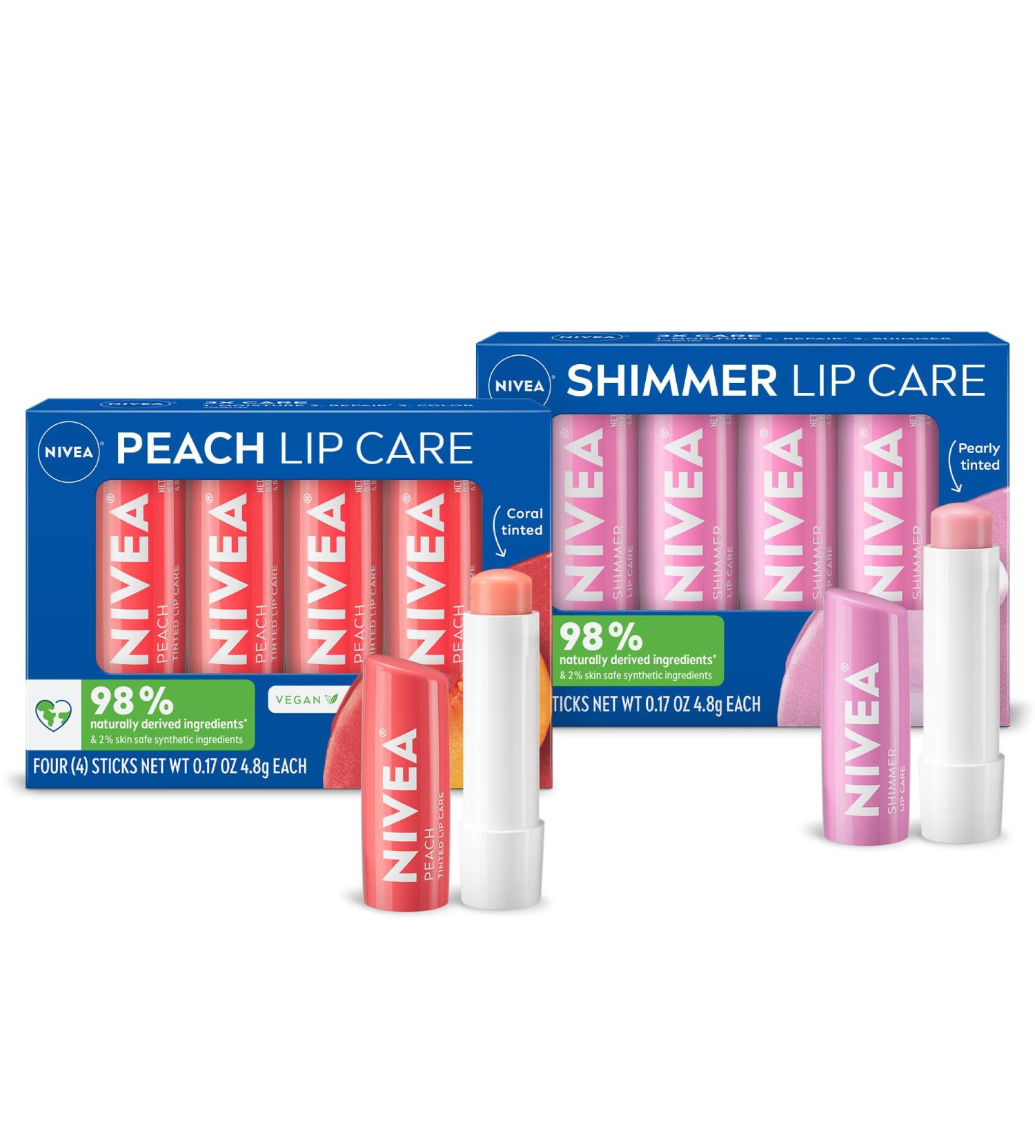 NIVEA Peach Lip Care (4 x 0.17 oz Stick) + NIVEA Shimmer Lip Care (4 x 0.17 oz Stick) Lip Balm Set with Shea Butter Nourishing Oils and Vitamin C & E - Buy Online on GoSupps.com