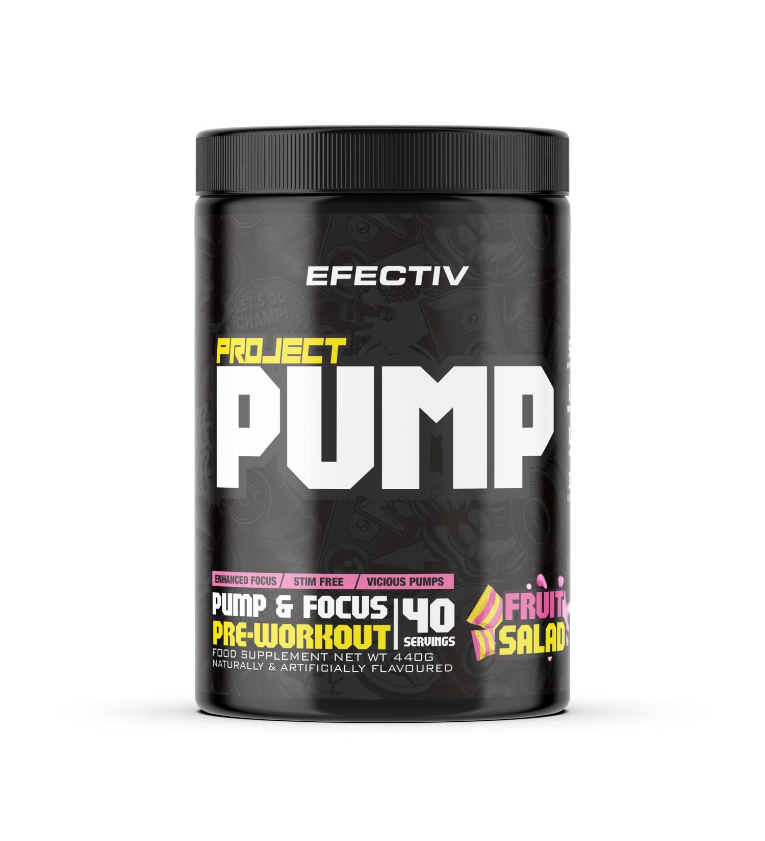 EFECTIV - Project Pump - Enhanced Focus - Stimulant Free - Vicious Pumps - Pre-Workout - 40 Servings - 440g (Fruit Salad) - Buy Online on GoSupps.com