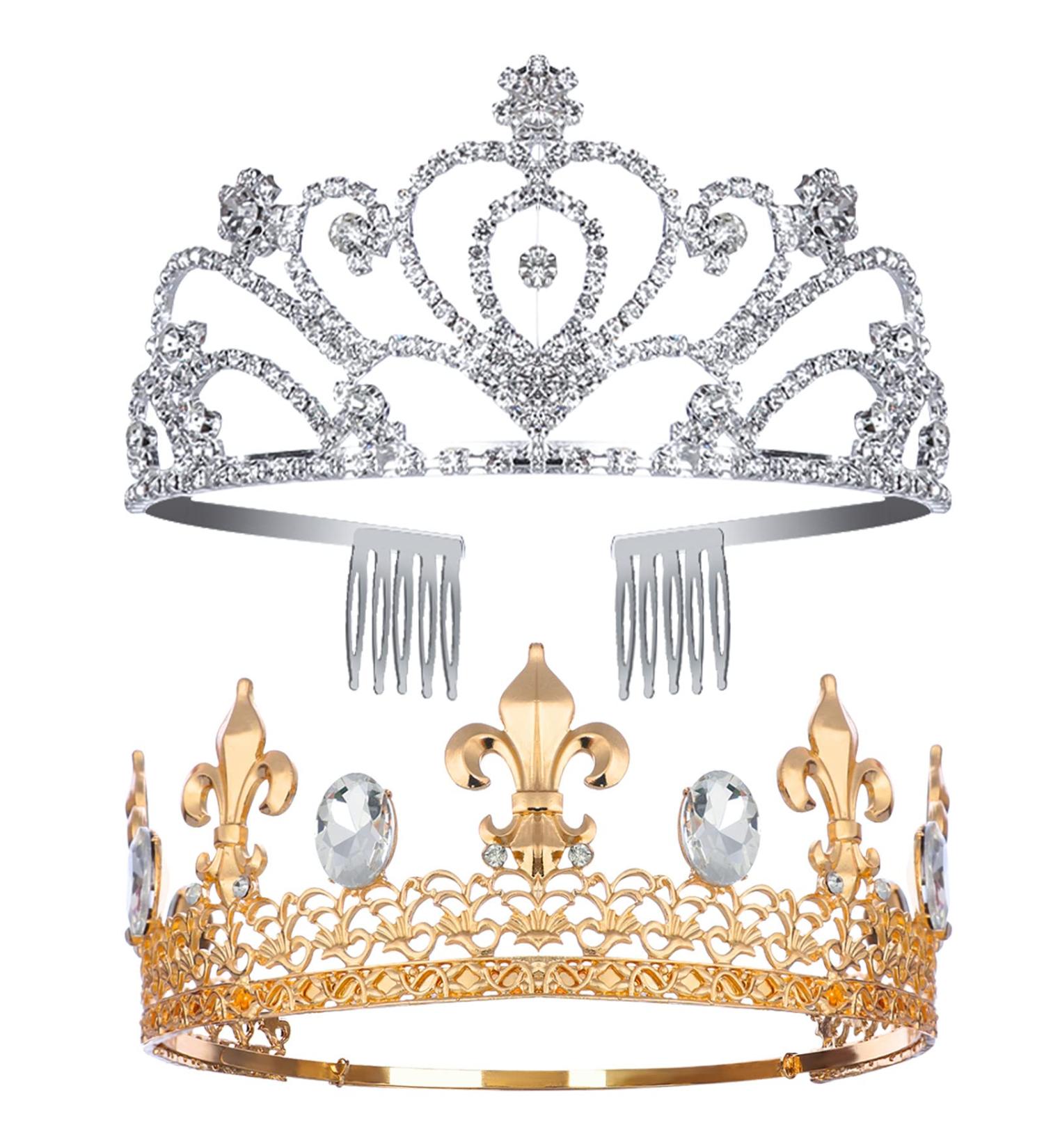 Crystal Tiara Crowns Set - Men and Women Royal King & Princess Crowns for Birthday, Wedding Party - Gold & Silver with Combs - Bridal Hair Accessories - Buy Online on GoSupps.com