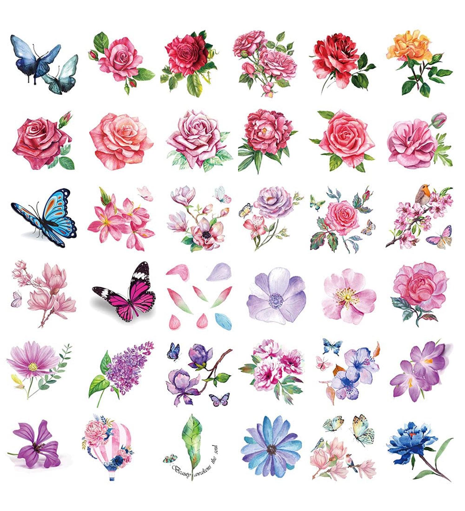 Flowers Temporary Tattoos - 40 Small 3D Rose, Peony, Lavender, Butterfly Stickers - Waterproof Fake Tattoos for Women - Watercolor Floral Body Art - Buy Online on GoSupps.com
