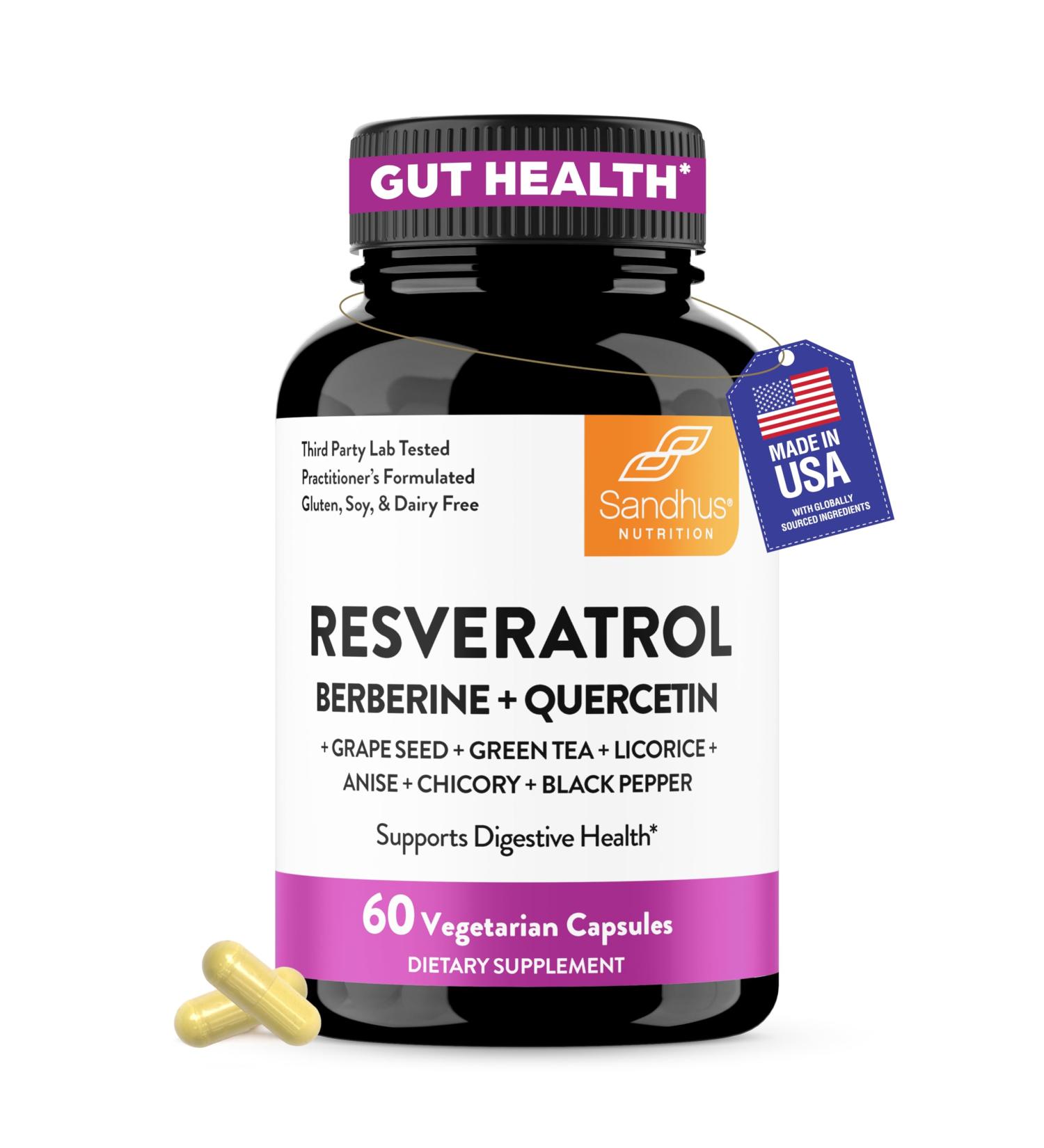 Resveratrol with Berberine Supplement For Gut Health Support | 60 Digestive Capsules For Women & Men | With Green Tea Extract Star Anise DGL Grape Seed & Quercetin | Helps Ease Bloating & Digestion 60 Count (Pack of 1) - Buy Online on GoSupps.com