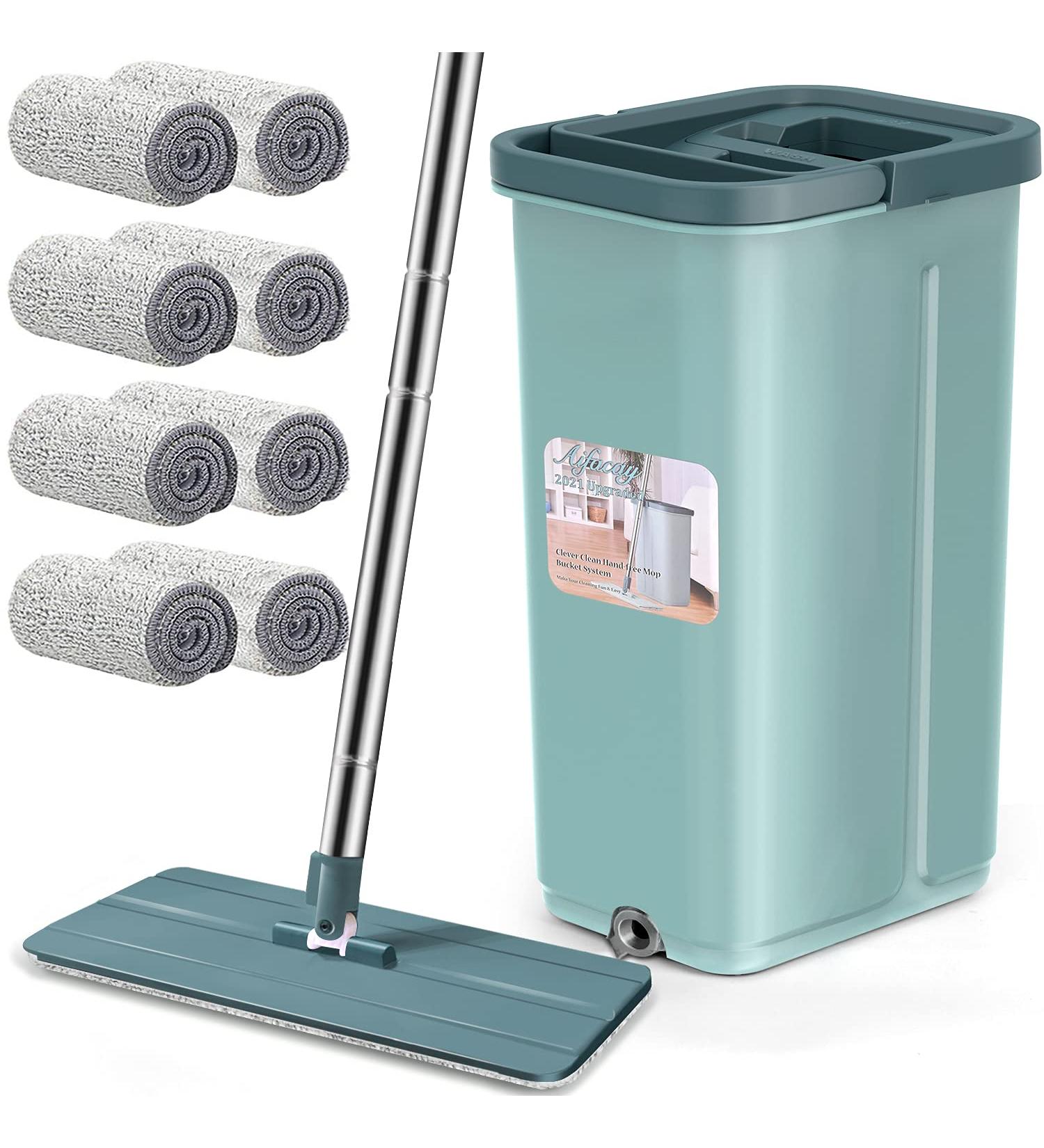 Aifacay Flat Mop Bucket System with 8 Microfiber Pads - Extended Stainless Steel Handle for Home Hardwood and Vinyl Floors - Buy Online on GoSupps.com
