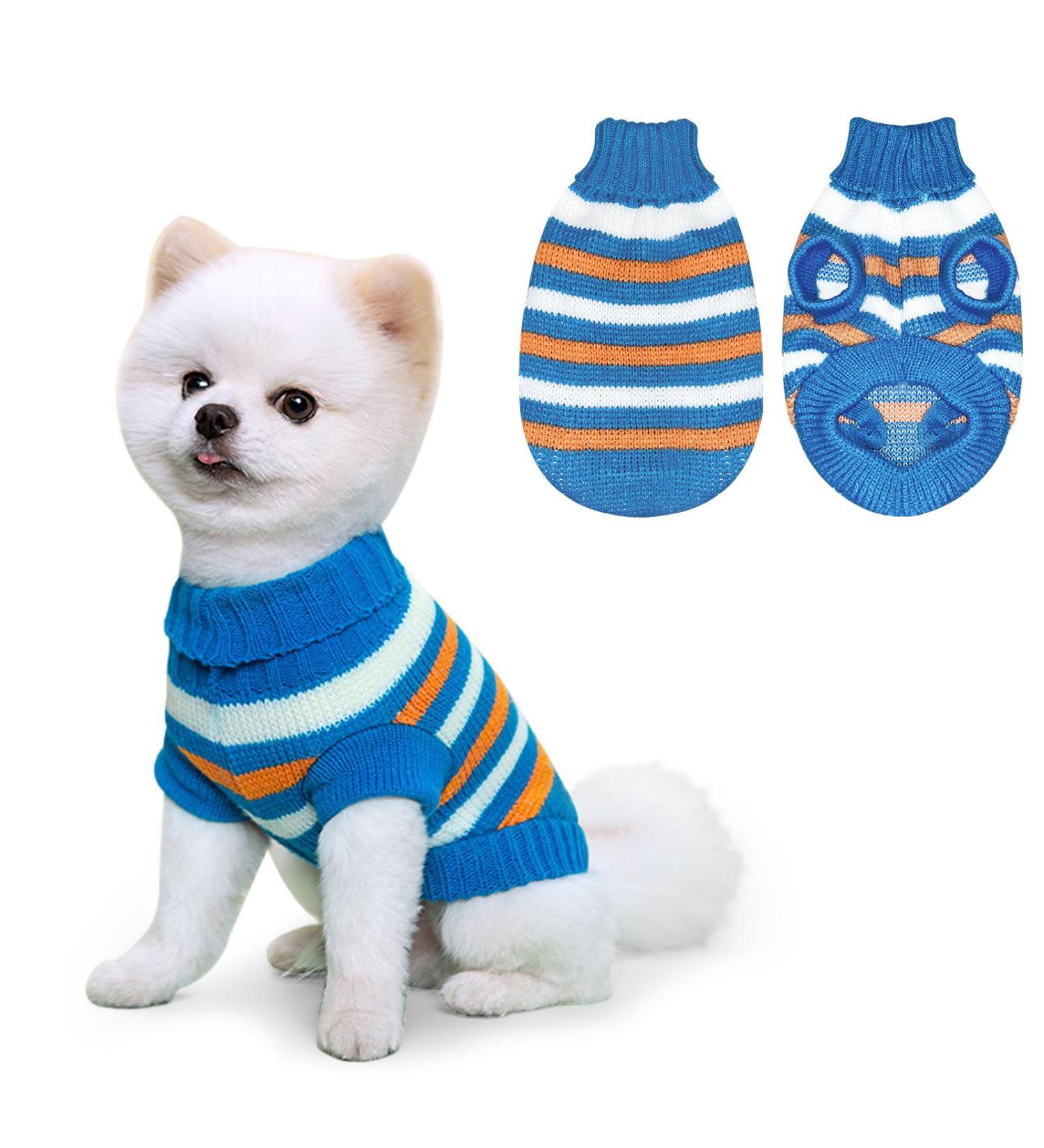 Lyneun Small Dog Jumper Striped Dog Sweater Warm Knitted Sweater Coat Soft Puppy Jumper Dog Winter Clothes Cute Warm Dog Pullover for Small Dog and Cat (Large Blue) Large Blue - Buy Online on GoSupps.com
