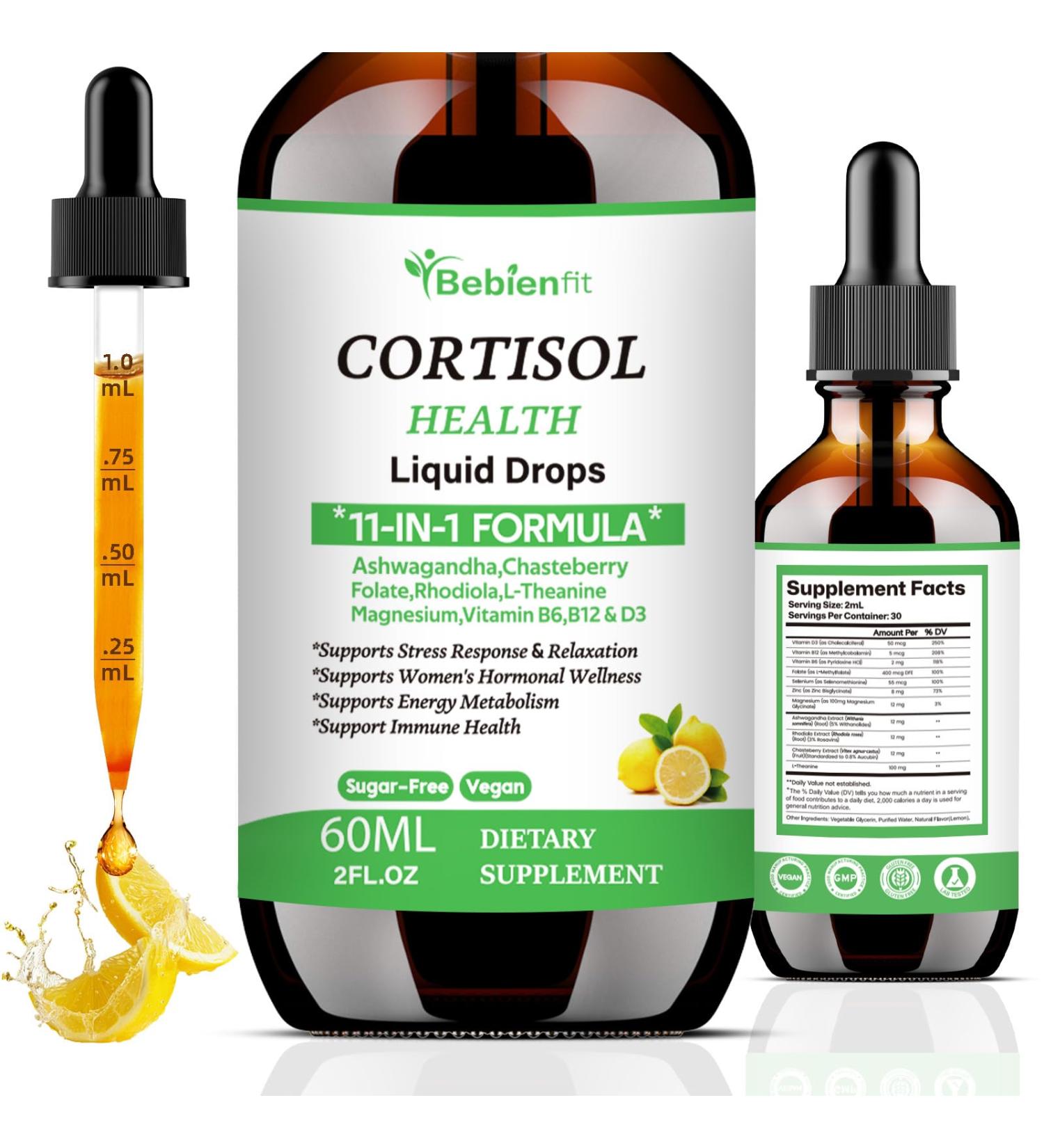 Cortisol Supplements Liquid Drops for Women 11-in-1 Formula with Ashwagandha Rhodiola Chasteberry L-Theanine Magnesium Folate(2 FL.OZ Lemon) Lemon 60 Count (Pack of 1) - Buy Online on GoSupps.com