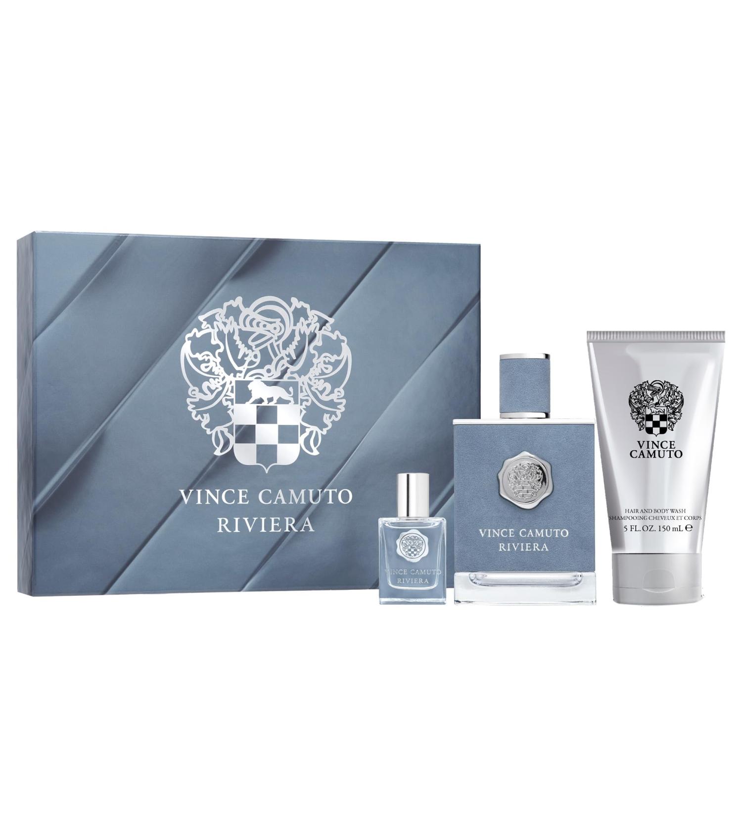 Vince Camuto Riviera 3 PC Men's Gift Set Notes of Italian Lemon Lavender Oil and Patchouli Christmas Gift for Him Eau de Toilette 3.4 Fl Oz + Travel Size 0.5 Fl Oz + 5 Fl Oz Hair & Body Wash