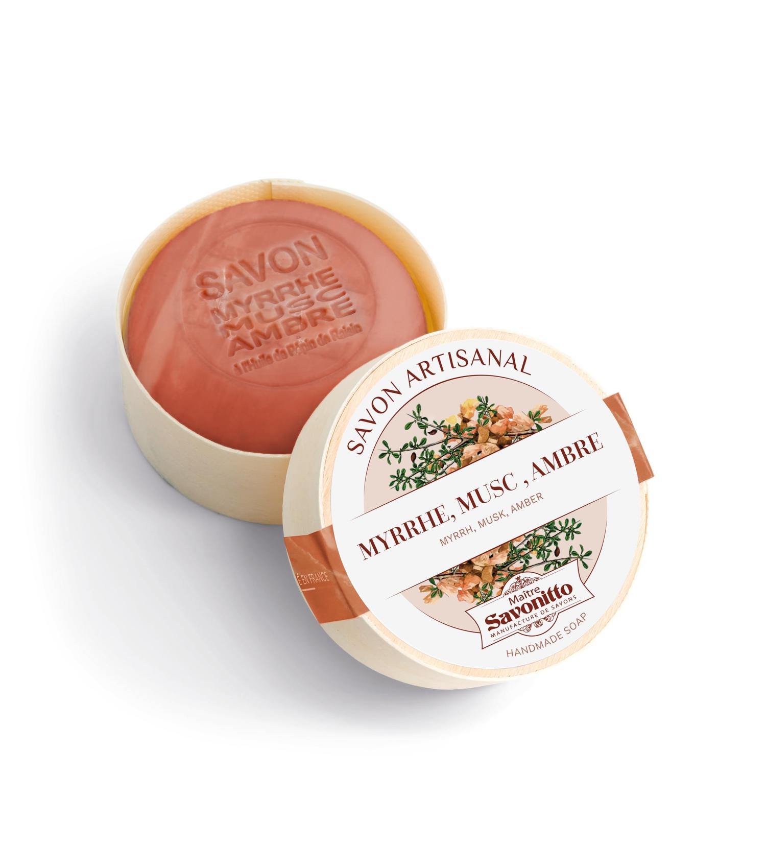 Myrrh musk and amber soap in a wooden box 100g