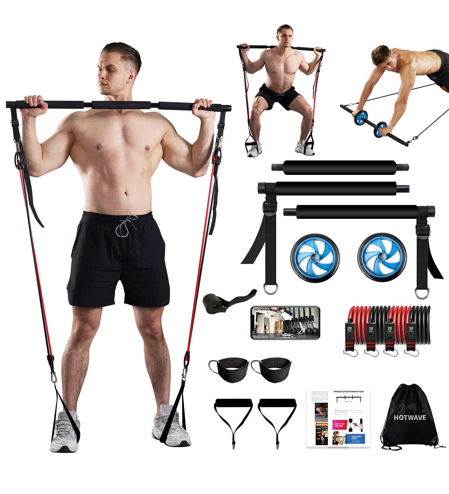 Pilates Bar Kit with 15 Fitness Accessories | Resistance Bands & Ab Roller | Portable Home Gym - Buy Online on GoSupps.com