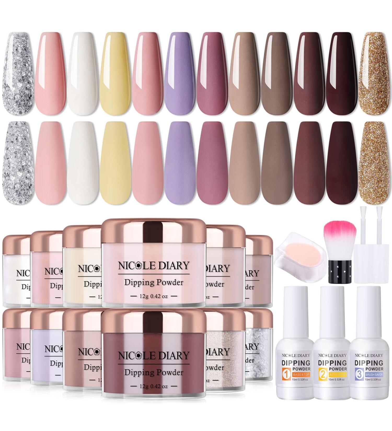NICOLE DIARY Nail Dip Powder Starter Kit - 19Pcs, 12 Colors Dipping Powder Set for French Nail Art, Base Activator & Top Coat Included - No Nail Lamp Needed - Buy Online on GoSupps.com