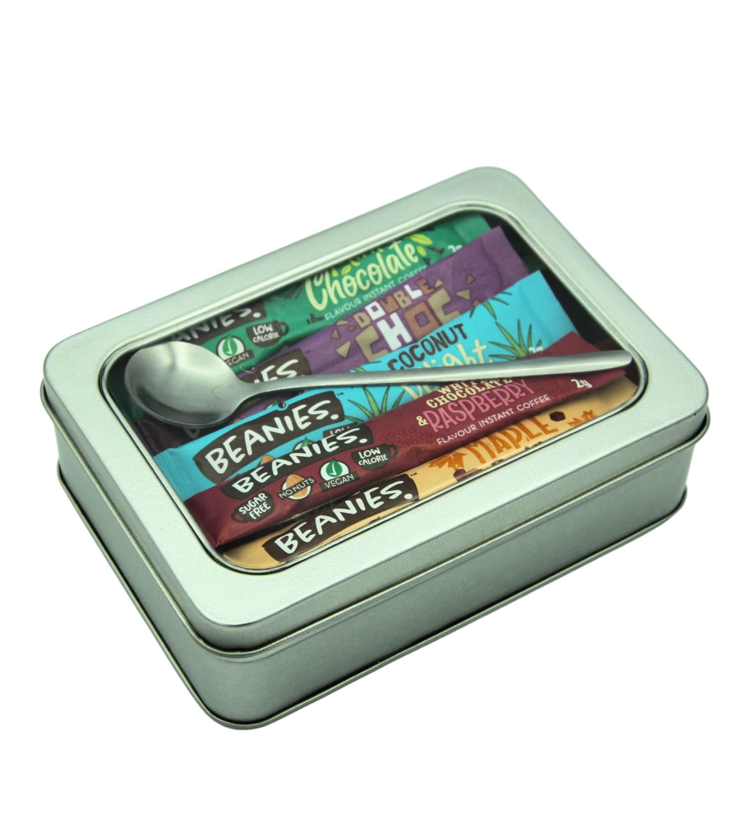 Beanies Flavoured Instant Coffee Sachets - 20 Sticks Mixed Varieties - Bundle with TinTastic Silver Refillable Lid Tin and Latte Spoon - Quick and Tasty On-the-Go - Buy Online on GoSupps.com