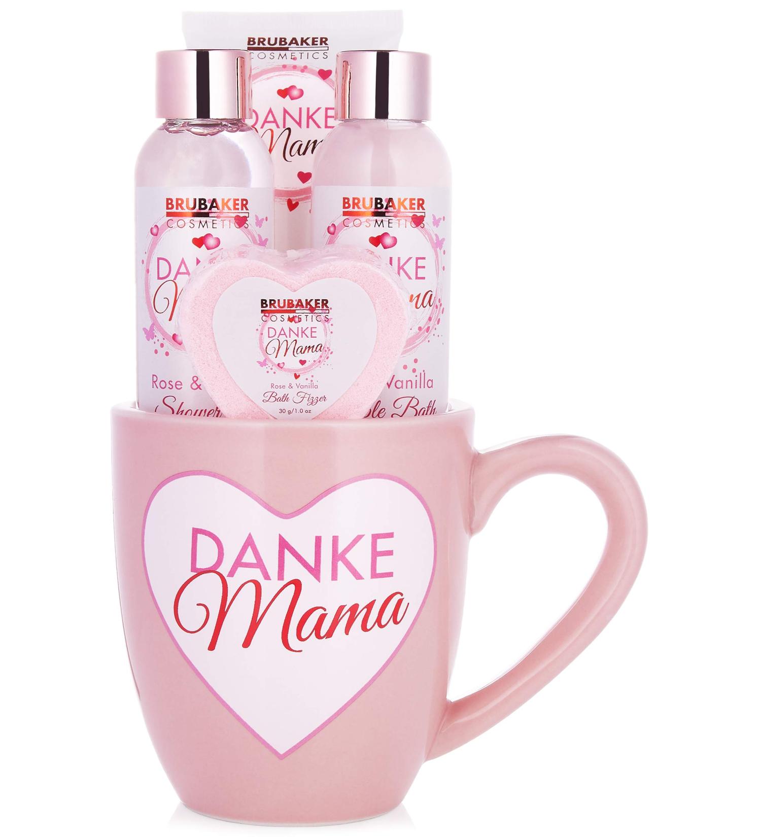 Brubaker Cosmetics Thanks Mama 5-Part Bathing & Shower Set - Roses Vanilla Fragrance - Perfect Pink Gift Set for Mother's Day in Heart Decor Cup - Buy Online on GoSupps.com