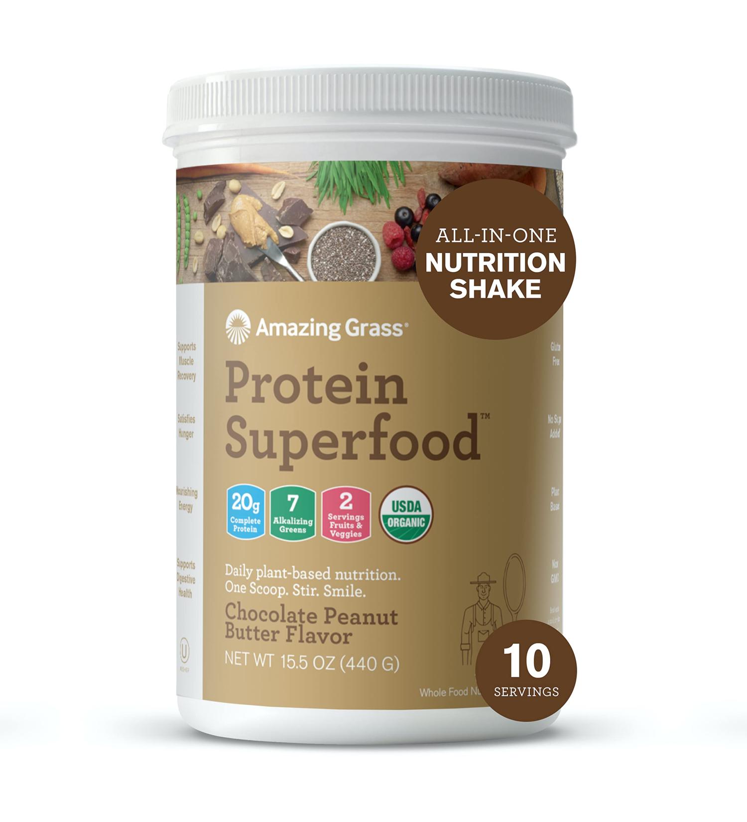 Buy Amazing Grass Protein Superfood Chocolate Peanut Butter 15.1 oz - Nutrient-Dense Protein Blend - Buy Online on GoSupps.com