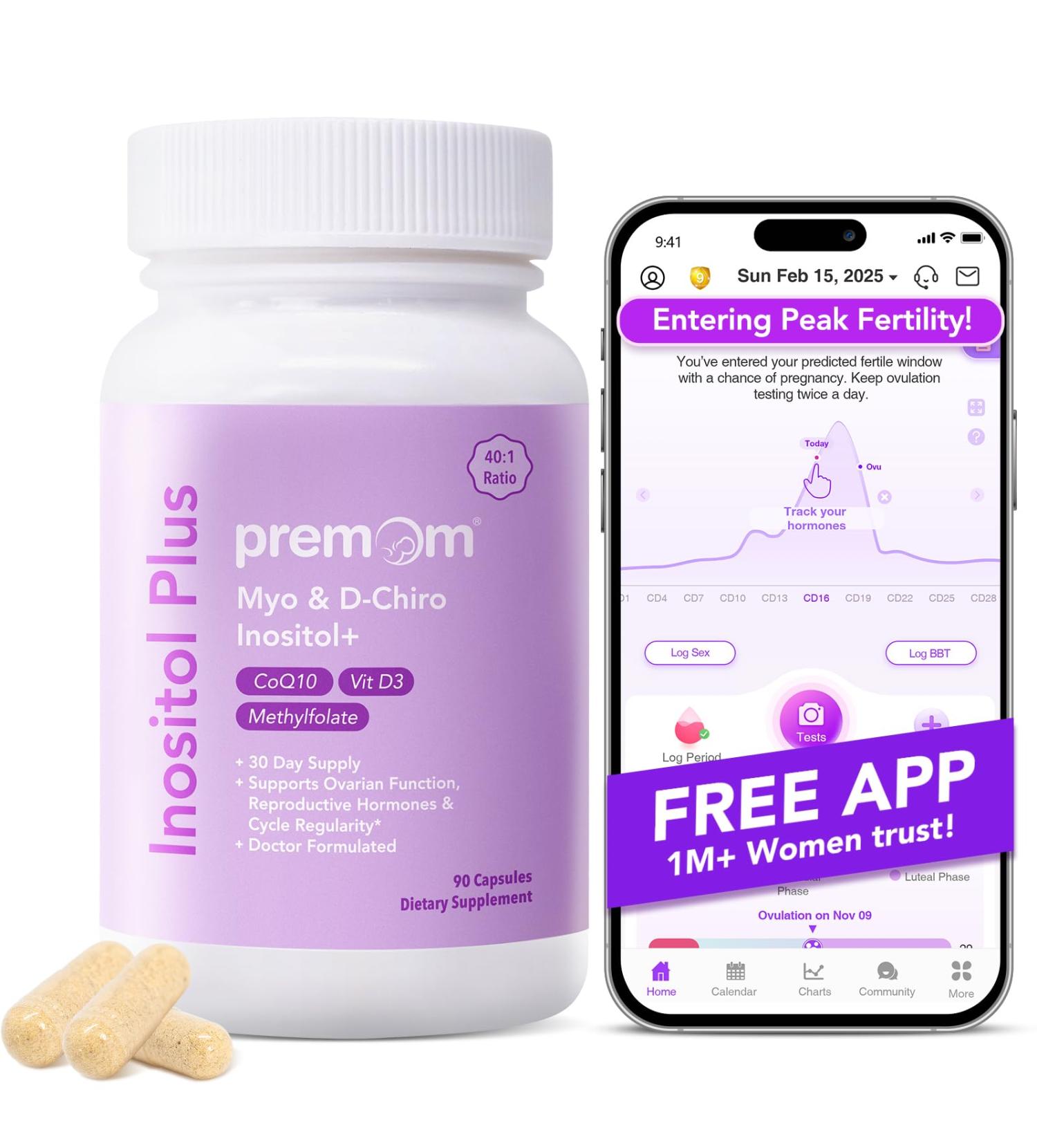 Premom Inositol Plus - 2000mg Myo-Inositol & 50mg D-Chiro Inositol CoQ10 Folate & Vitamin D3-40:1 Ratio - Supports Hormonal Balance Ovarian & Reproductive Health - 30 Day Supply - Buy Online on GoSupps.com