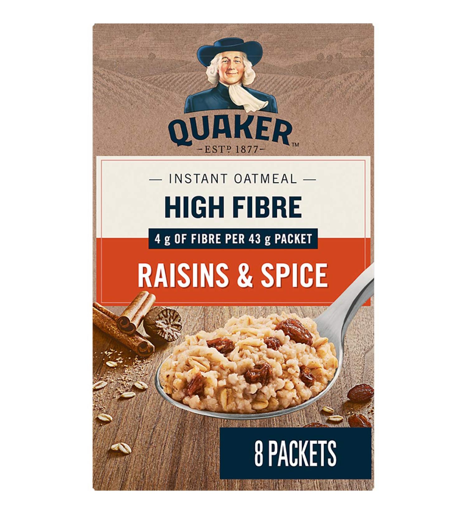 Quaker High Fibre Raisins & Spice Instant Oatmeal 8 Packets 344g High Fibre Raisins & Spice 344 g (Pack of 1) - Buy Online on GoSupps.com