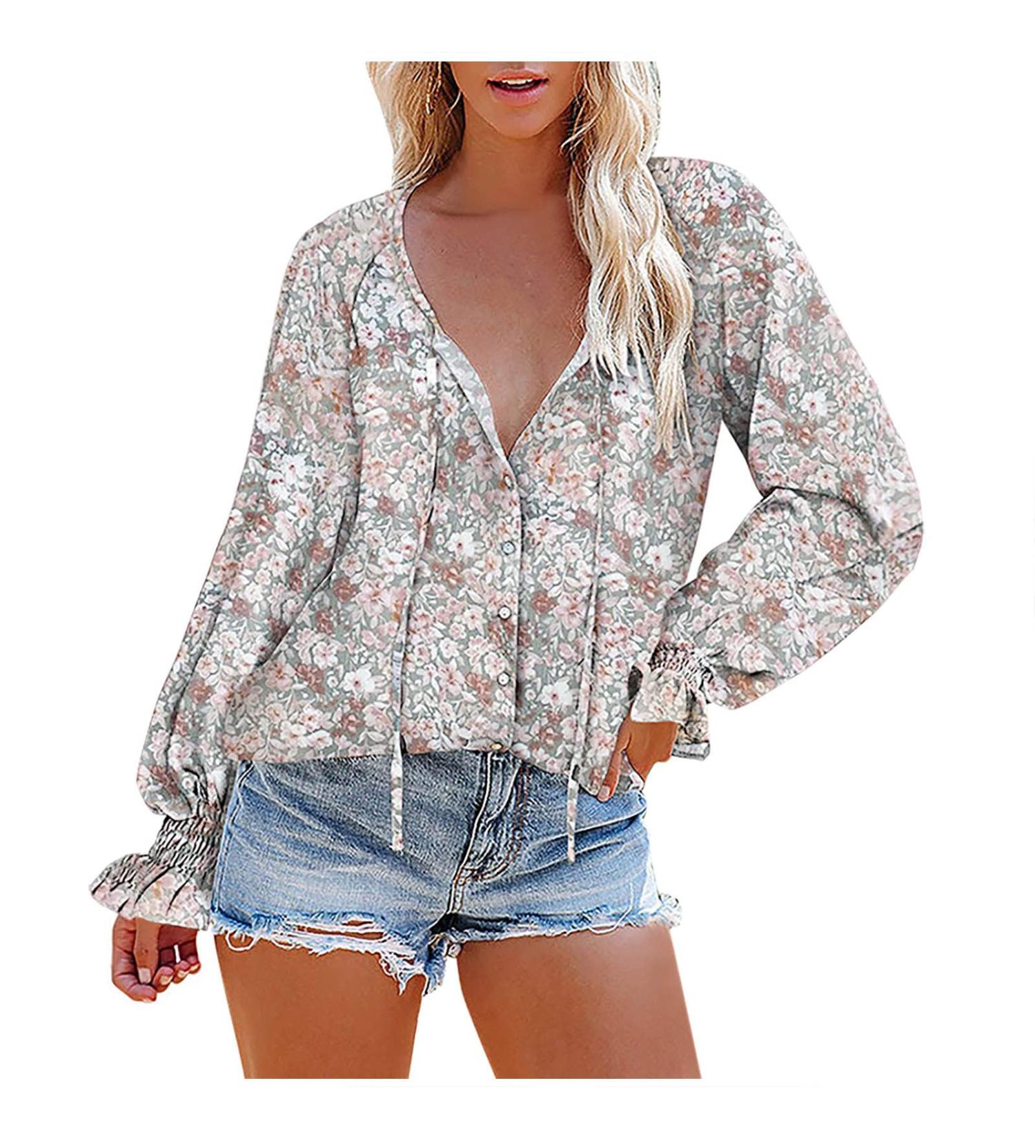 Womens Bohemian Floral Print Ruffled Top | Fall Long Sleeve Blouse 2022 | V Neck Lace Up Sweatshirt - XX-Large Gray - Buy Online on GoSupps.com