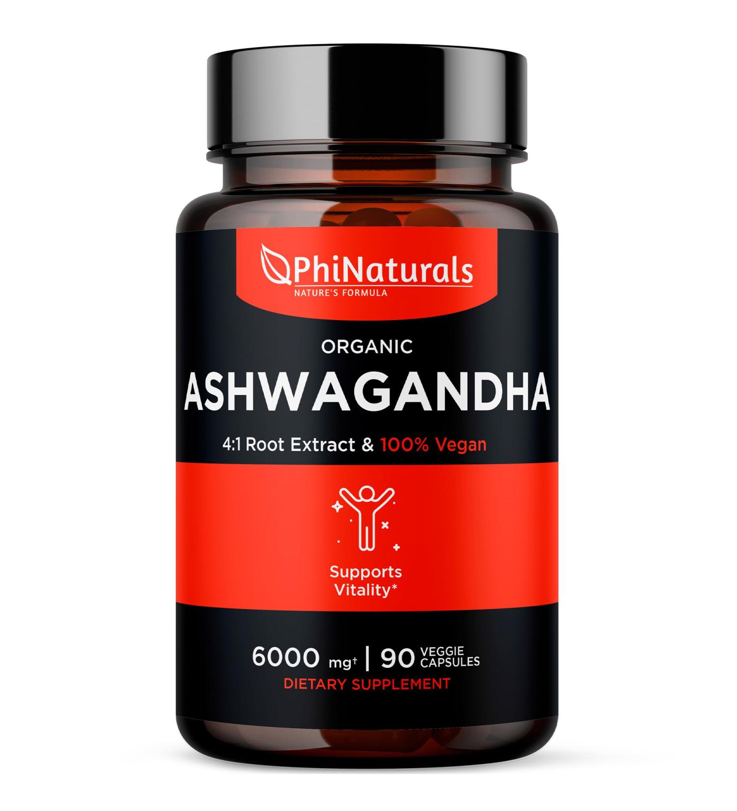 PhiNaturals Organic Ashwagandha Root Extract in Vegan Capsules Equal to 6000 Mg Root - Ashwaganda Supplement for Men and Women with 1500 Mg Per Serving 30 Servings - 500mg Per Vegan Capsule 90 Count - Buy Online on GoSupps.com
