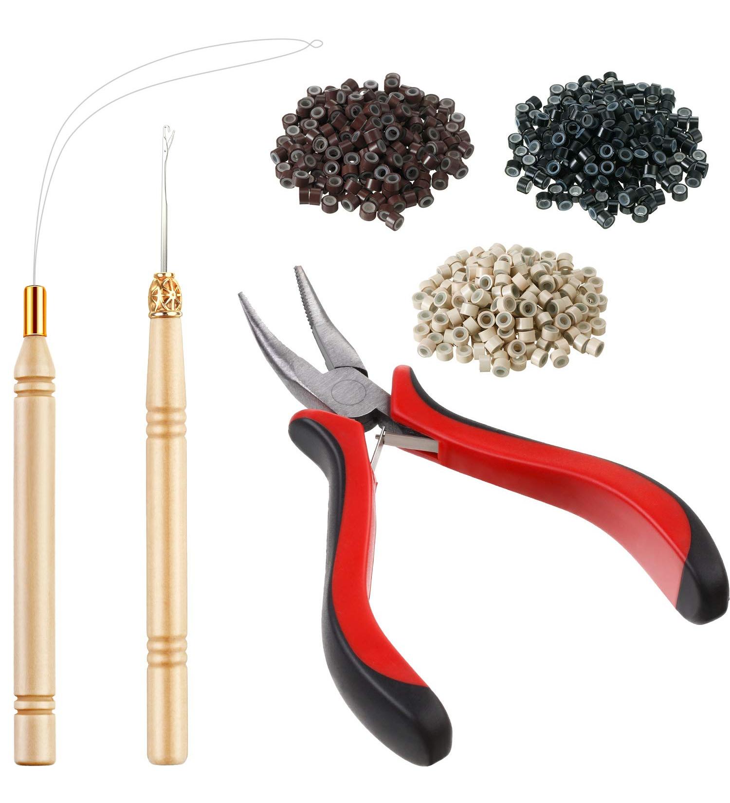 Hair Extension Kit with Pliers, Hook Needle, Bead Device Tool, 600 Silicone Lined Micro Rings - Black, Blonde, Brown Beads - Buy Online on GoSupps.com
