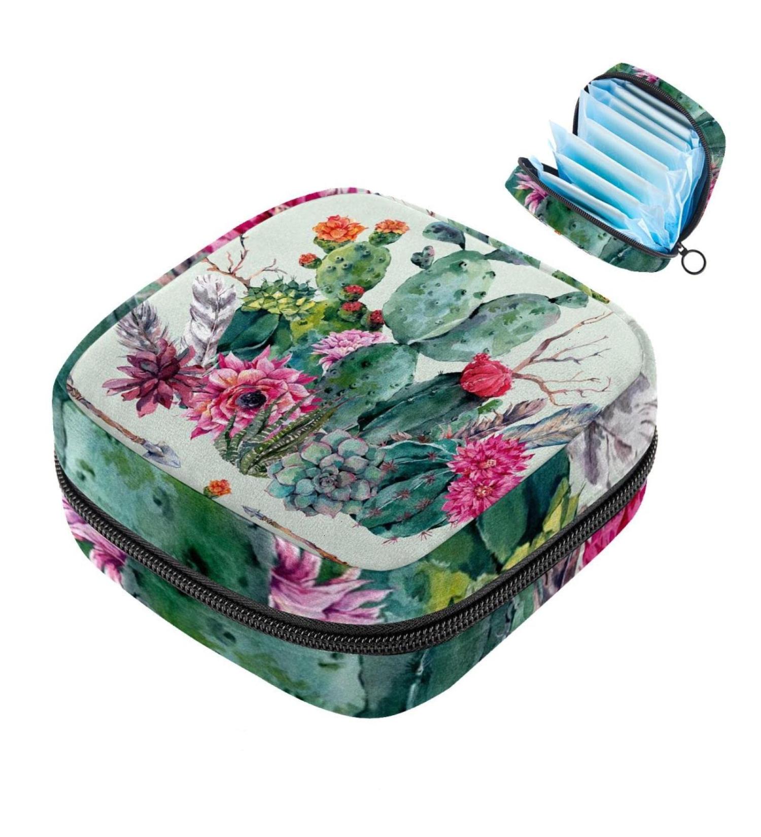 Womens Binding-Up Bags | Watercolor Cactus Flowers | Multi-functional Tampon Storage with Zip Pockets - Buy Online on GoSupps.com