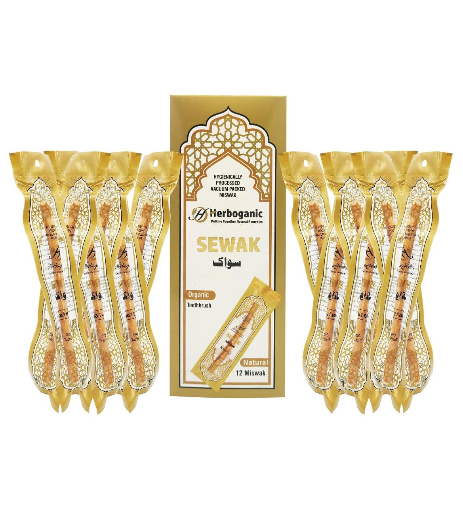 HERBOGANIC Sewak Natural Miswak Traditional Toothbrush 12 Pack - Oral Health & Hygiene - Fresh Breath, Whiter Teeth - Chemical-Free - Vacuum Sealed - 12 Count - Buy Online on GoSupps.com