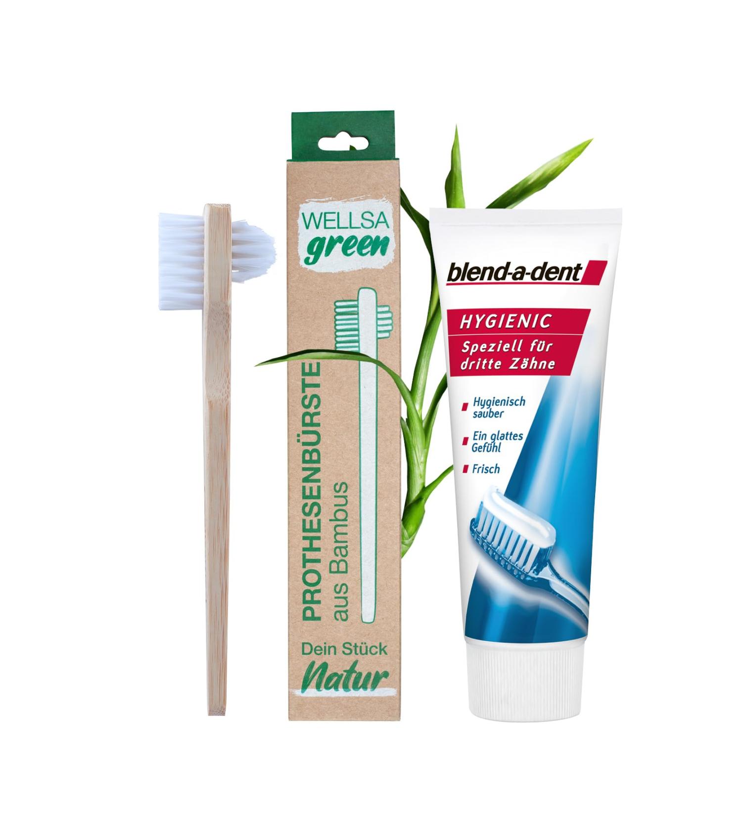Wellsamed Savings Set: Denture Toothbrush & Blend-a-Dent Hygienic Toothpaste - Eco-Friendly Bamboo Brush for Third Teeth - Buy Online on GoSupps.com