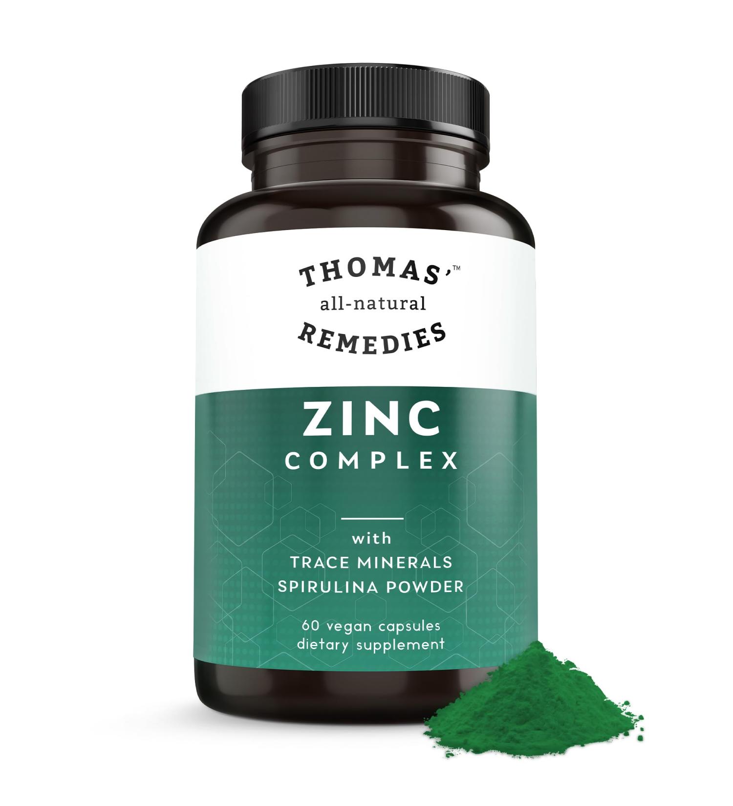 Thomas All-Natural Remedies Zinc Complex 26mg 6 Zinc Forms for Maximum Absorption + Spirulina Immune & Skin Support Trace Minerals - 60 Capsules - Vegan No Fillers Made in USA - Buy Online on GoSupps.com
