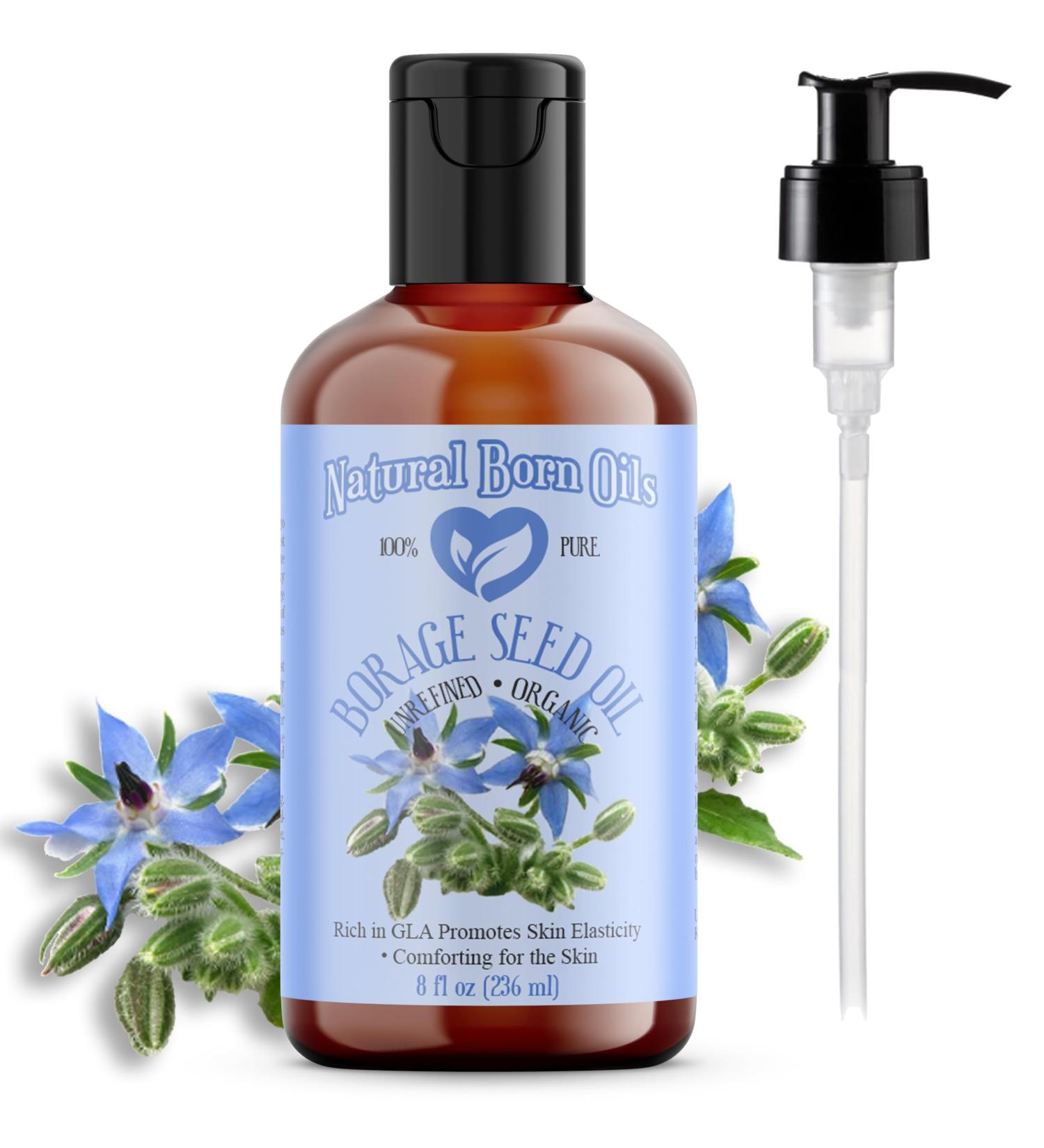 Natural Born Oils Borage Seed Oil 8oz Organic Cold-Pressed Carrier Oil Omega-6 Rich Skin Moisturizer Hair Health Enhancer - Buy Online on GoSupps.com
