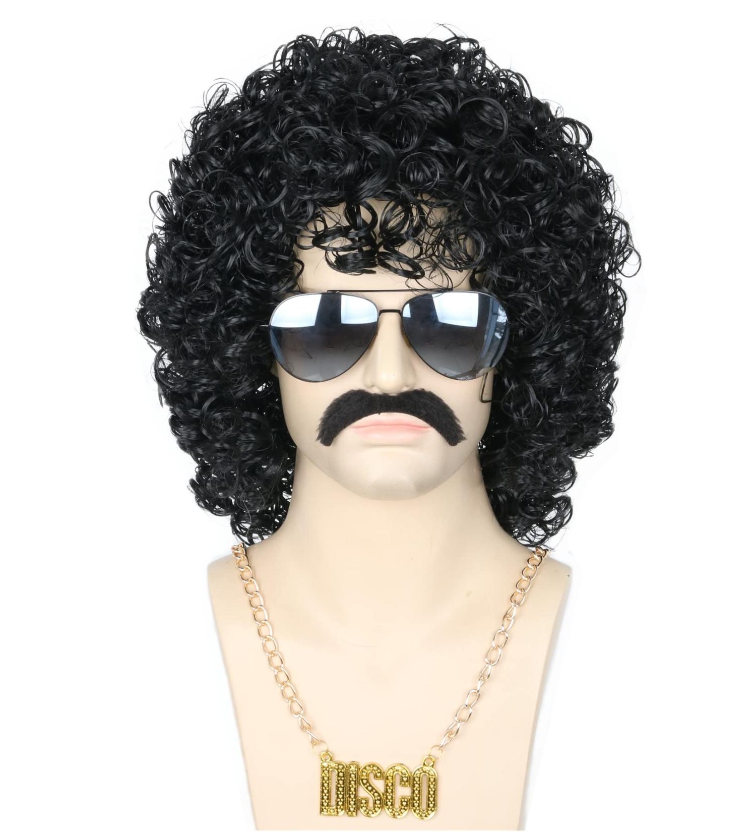 Topcosplay Men's 70s 80s Disco Dude Wig & Moustache Set - Short Curly Afro Shaggy Blonde Mixed Black - Black Wig - Buy Online on GoSupps.com