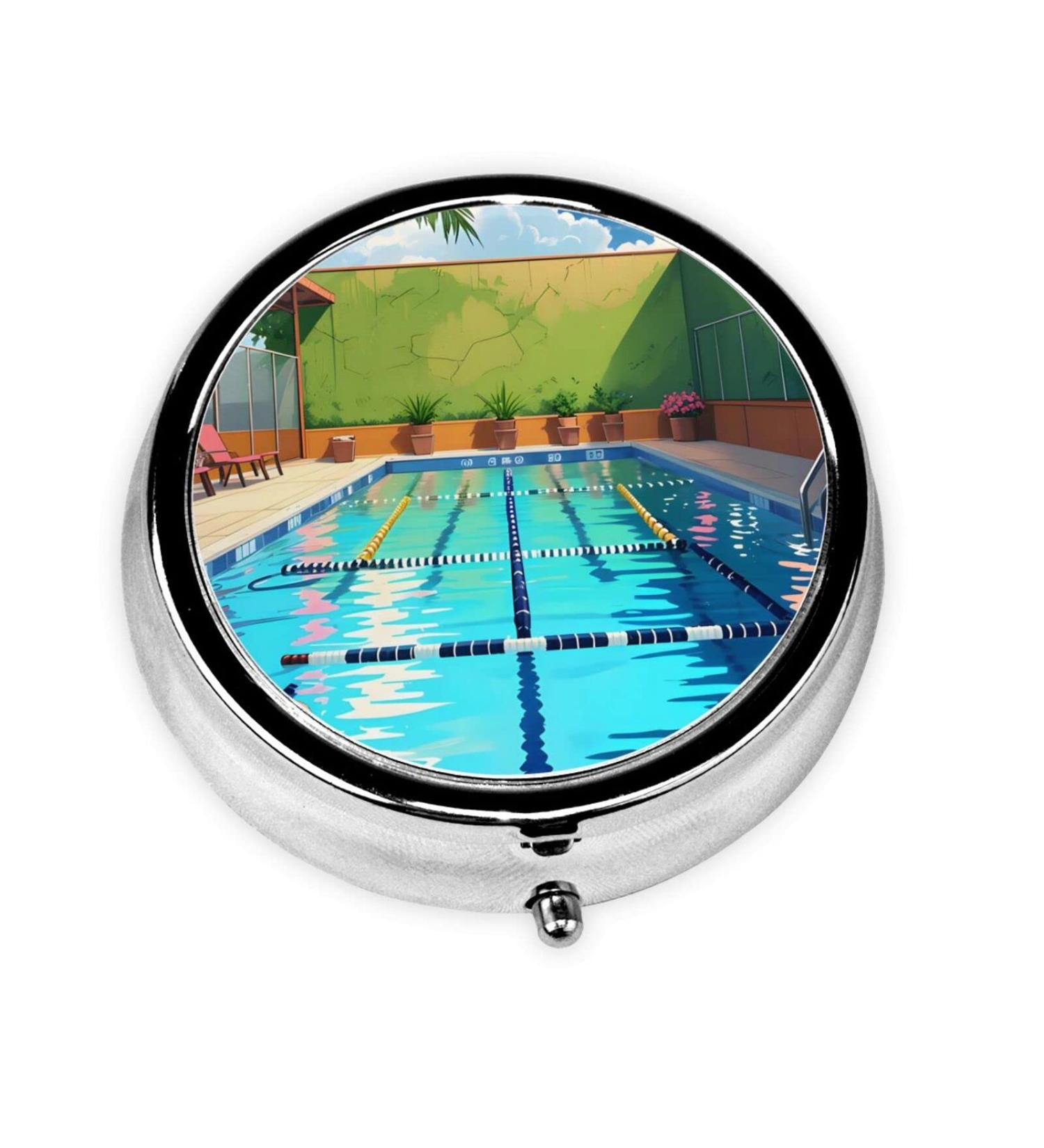 Flamingo Swimming Pool Round Pill Box - 3 Compartment Portable Travel Organizer for Easy Medication Storage - Buy Online on GoSupps.com
