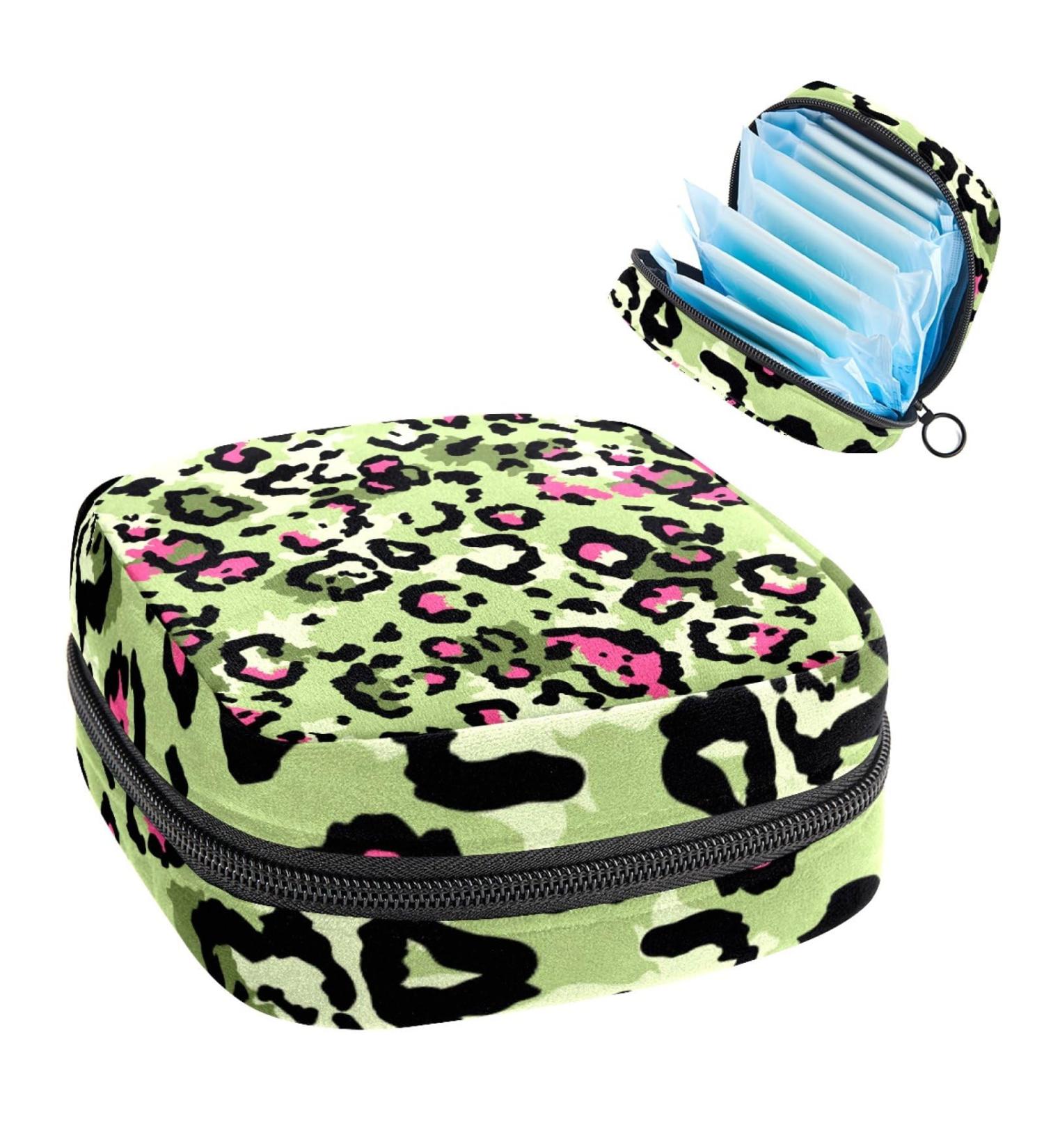 Green Pink Leopard Print Sanitary Napkin Storage Bag with Zipper - Portable Menstrual Cup and Pad Pouch for Women and Teens - Color 7 - Buy Online on GoSupps.com
