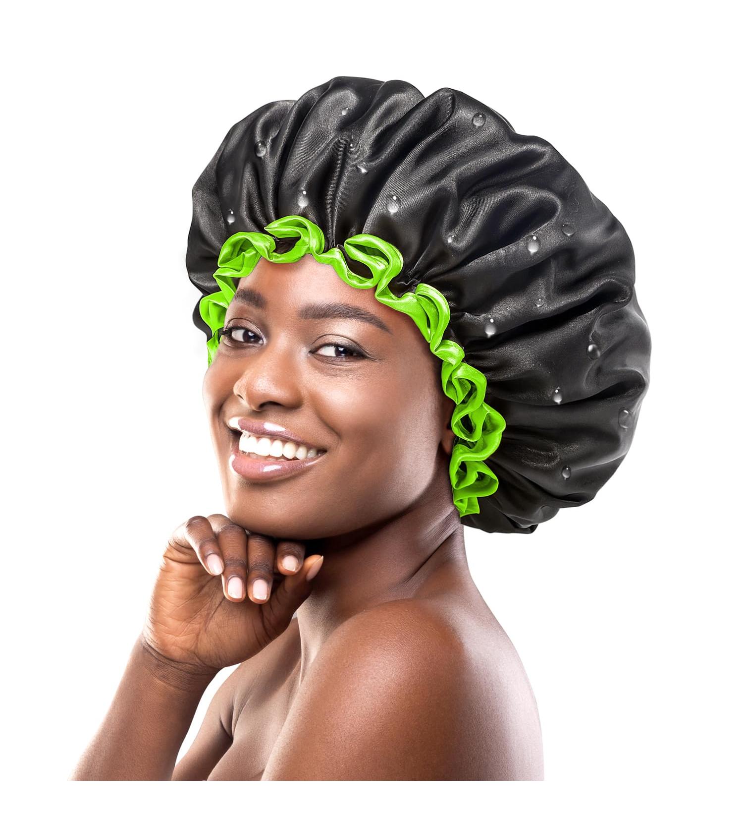 Mikimini Extra Large Black Shower Hoods (2-Pack) - Waterproof Reusable Hair Caps for Men & Women with Bright Green Border - Thick Braids & Double-Layer Design - Buy Online on GoSupps.com