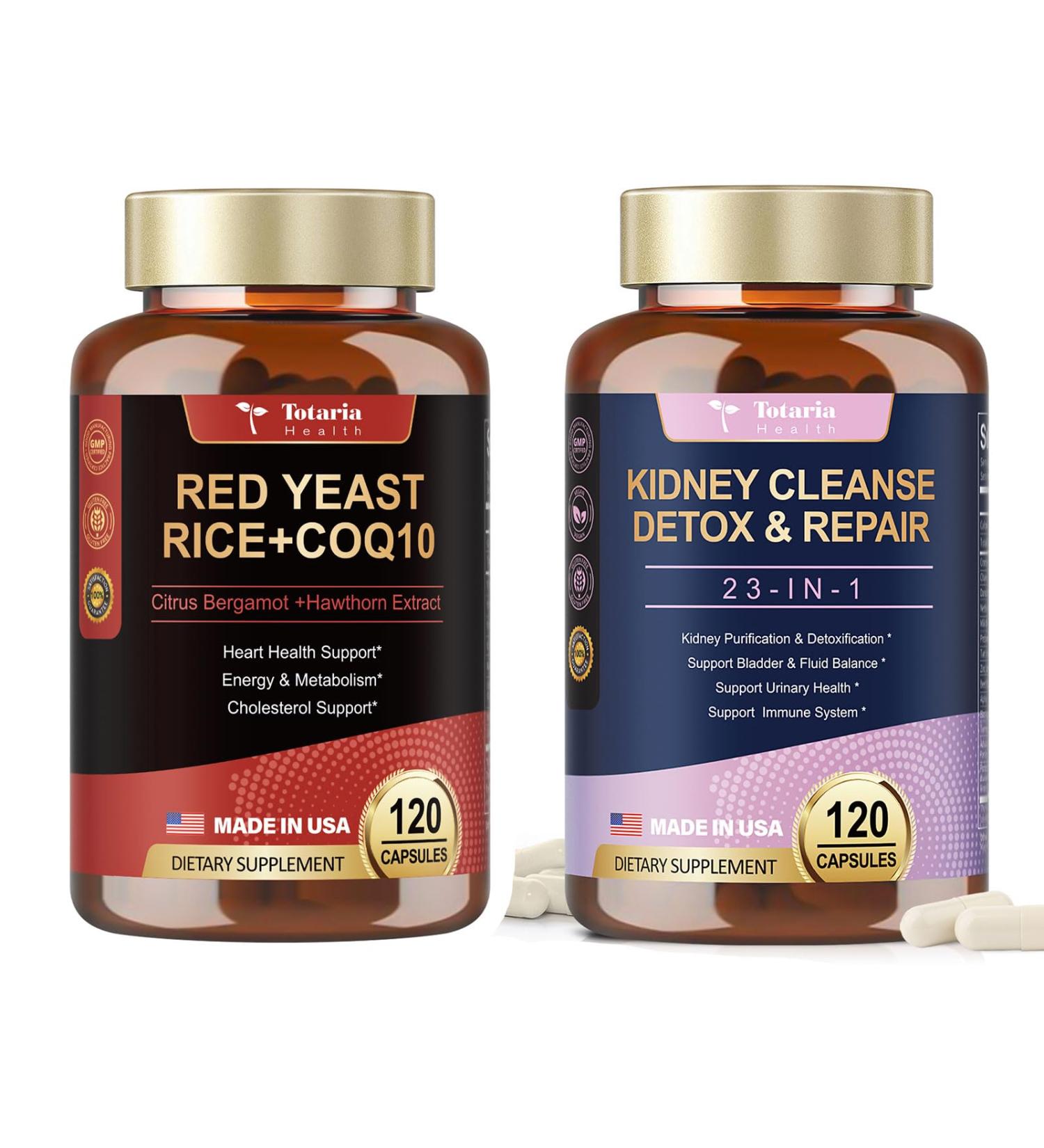 Totaria Red Yeast Rice 2 000mg with CoQ10 Supplement + Kidney & Liver Cleanse Detox & Repair Capsules - Buy Online on GoSupps.com