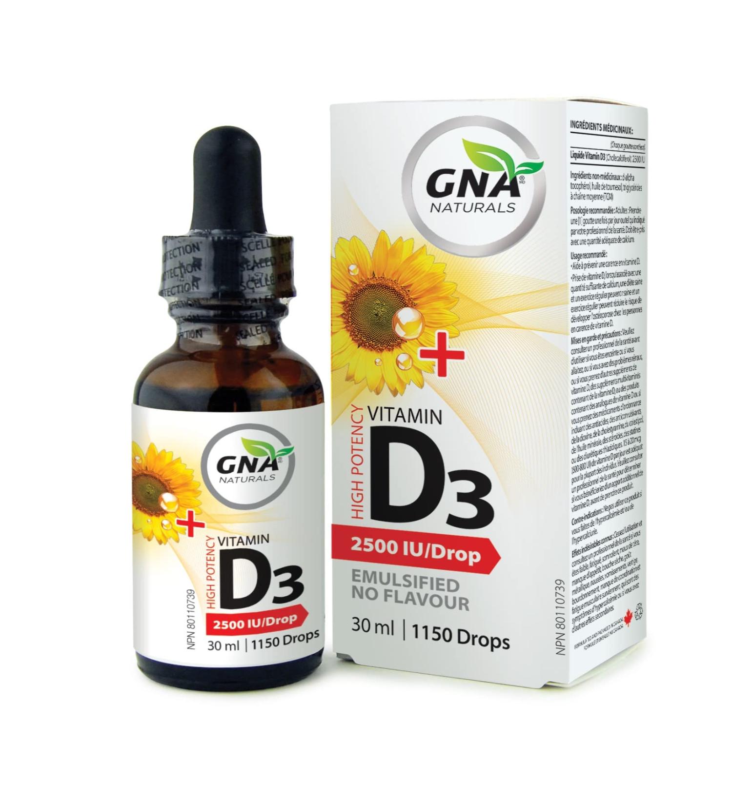 GNA Naturals Vitamin D3 Drops 2500 IU 30ml - Liquid Vitamin D3 for Adults - High Potency Flavorless Easy to Absorb - Pure D3 Supplement for Daily Wellness - Supports Bone Heart and Teeth Health - Buy Online on GoSupps.com
