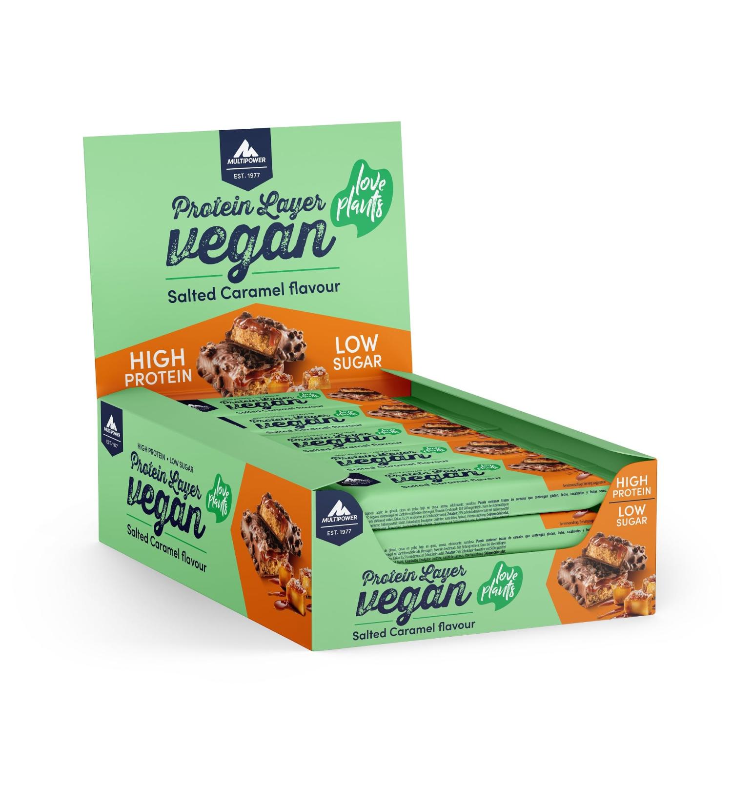 Multipower Vegan Protein Layer Salted Caramel Bar - 24% Protein Low-Calorie Fitness Snack 15 x 55g - Healthy Energy Bar for Fitness & Weight Loss - Buy Online on GoSupps.com