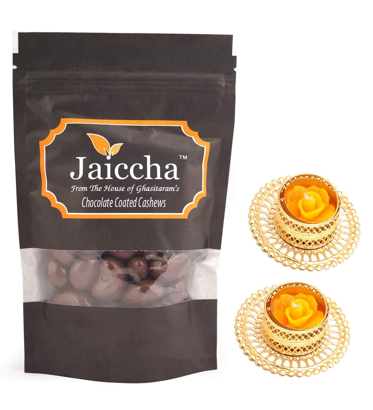 Jaiccha Ghasitaram Diwali Gifts Chocolate - Chocolate Coated Cashews with 2 T-Lites - Buy Online on GoSupps.com