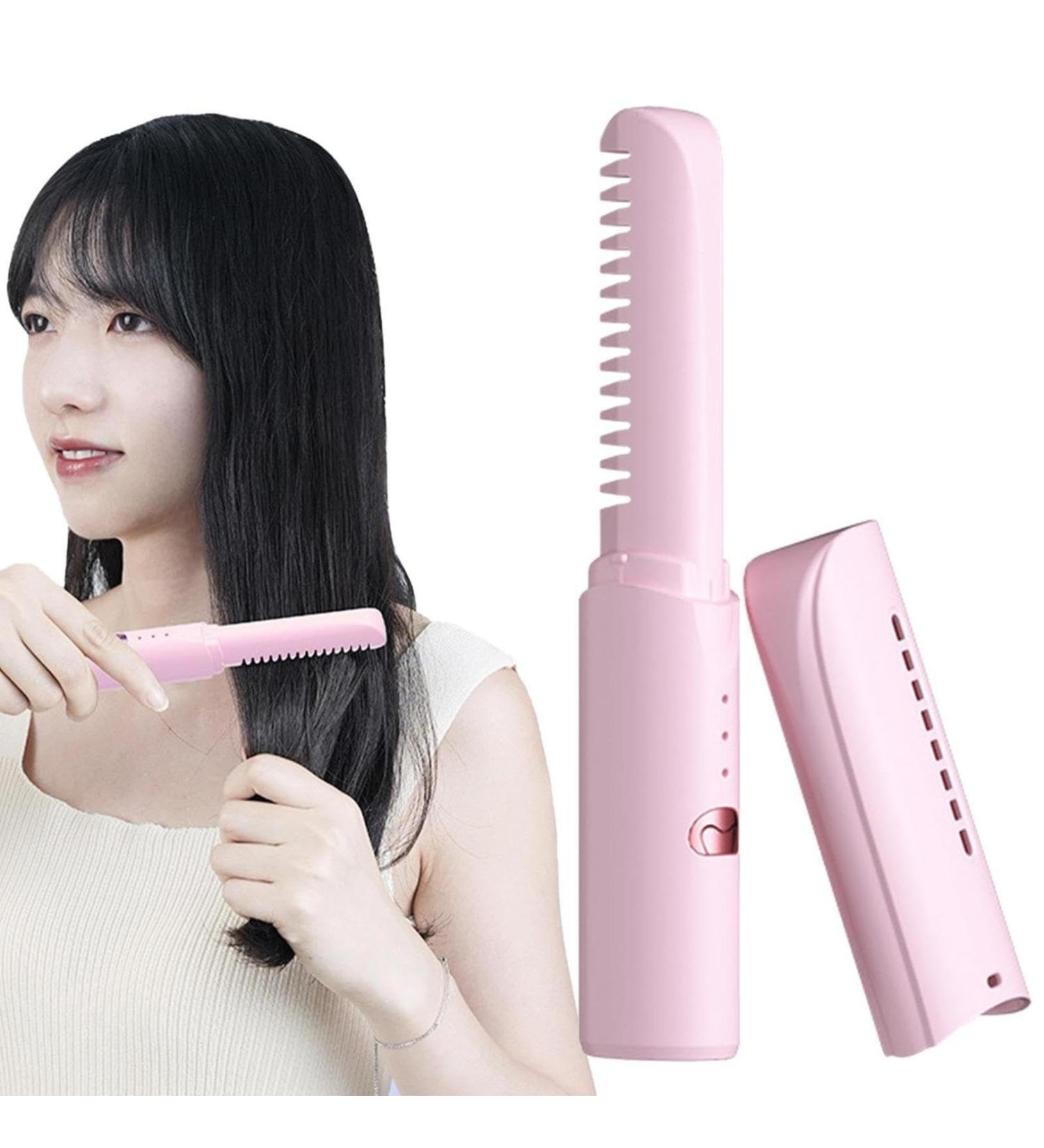 Rechargeable Wireless Hair Straightener Comb - 3 Temperature Levels Portable Hair Straightening Brush & Curler (Pink) - International Shipping Available - Buy Online on GoSupps.com