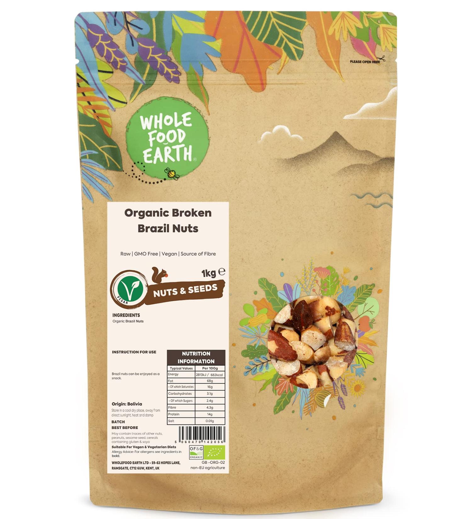 Wholefood Earth Organic Broken Brazil Nuts 1KG | Raw | GMO Free | Vegan | Source of Fibre | Certified Organic Organic 1kg - Buy Online on GoSupps.com