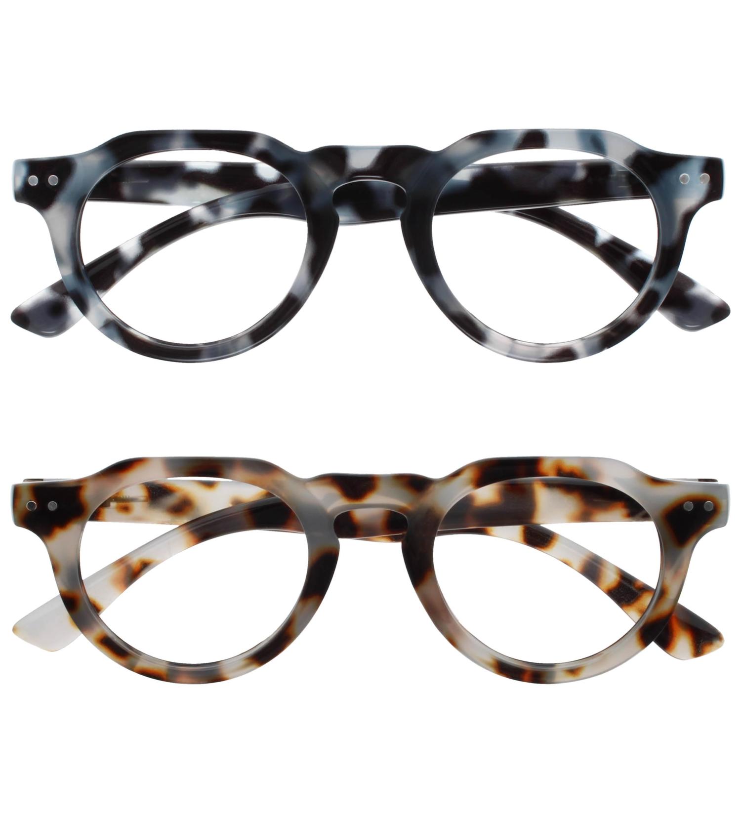 Opulize Rio Reading Glasses with Blue Light Filter | Flattened Frame for Men & Women | Spring Hinges | +3.00 Magnification | Glossy Light Brown Tortoise & Shiny Blue Tortoise - Buy Online on GoSupps.com