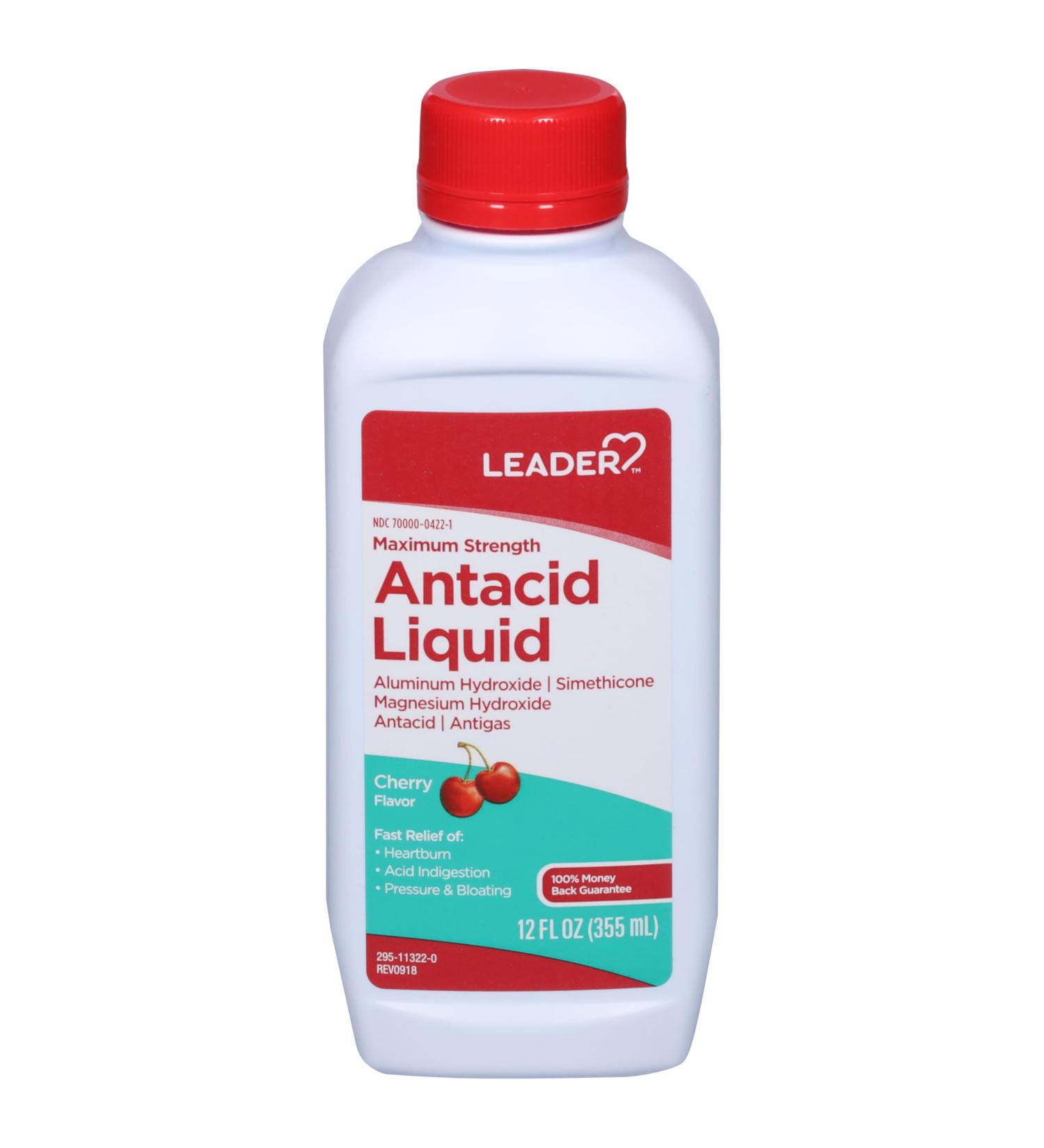 Leader Maximum Strength Antacid Liquid with Aluminum Hydroxide Simethicone Antacid/Antigas for Heartburn Acid Indigestion Pressure & Bloating Cherry Flavor 12 FL oz Cherry 12 Fl Oz - Buy Online on GoSupps.com