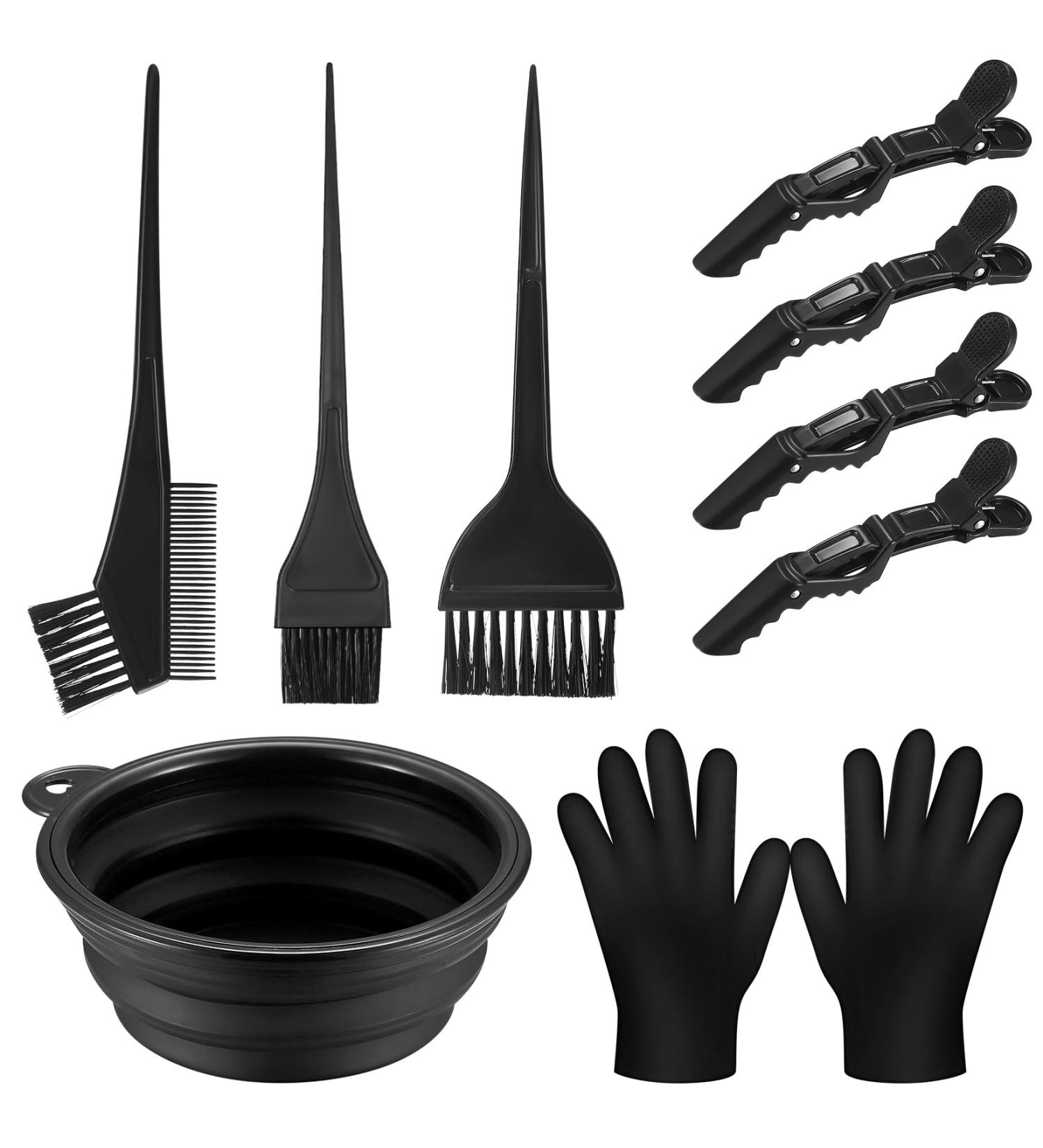 9 Pcs Hair Colouring Kit - Hair Dyeing Tools for DIY Beauty Salon, Bleaching, Mixing Bowl, Ear Cover, Gloves, Clips - Black - Buy Online on GoSupps.com