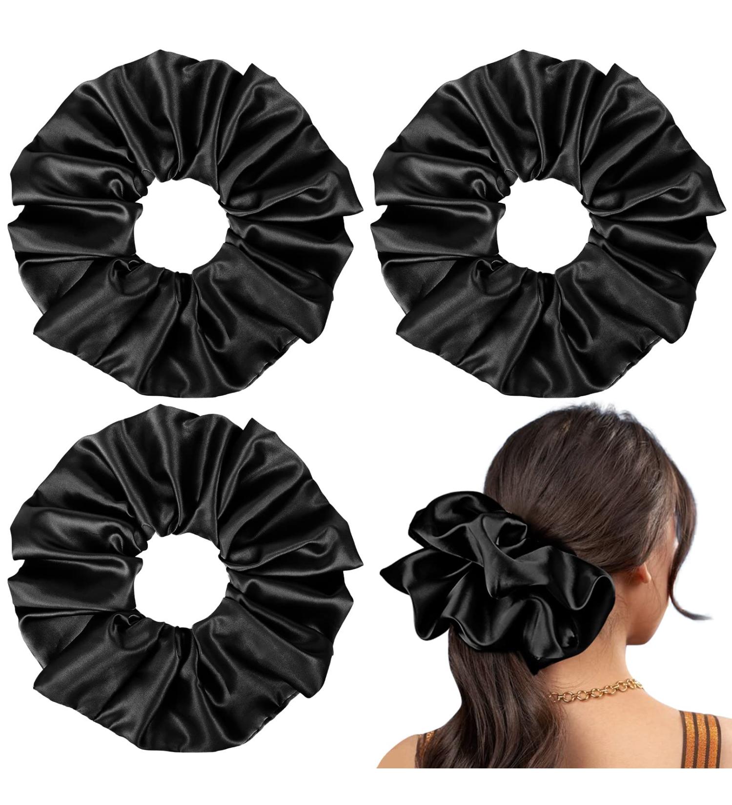9.5 inch Silk Oversized Scrunchies 3 Pack - Extra Large Satin Hair Ties for Women and Girls - Black Black Black - Buy Online on GoSupps.com