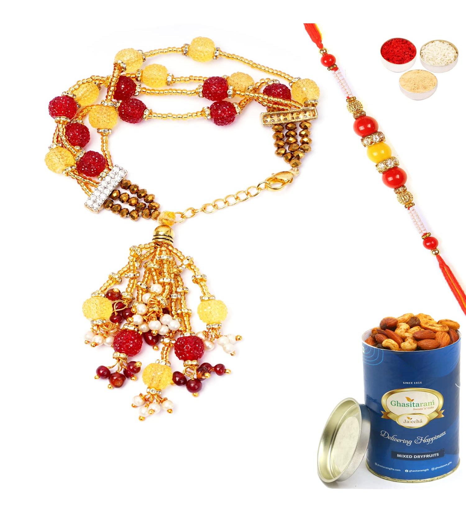 Ghasitaram Gifts Rakhis Online - Rakhi for Brother-RM-205 Bhaiya Bhabhi Rakhi with 100 GMS of Dryfruits Mix Can Rakhi Set with 100 gms of Dryfruits Mix Can - Buy Online on GoSupps.com