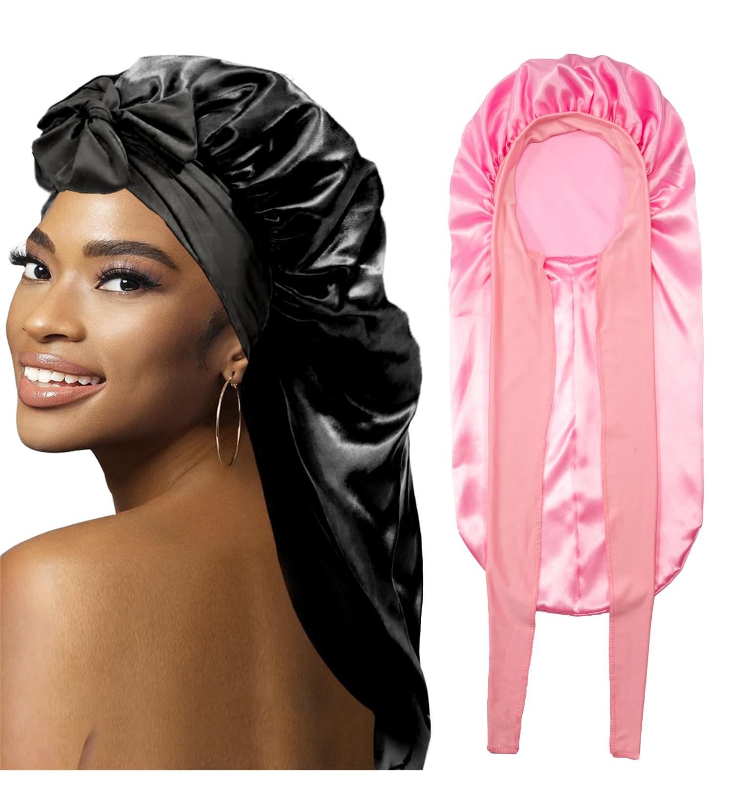 Large Satin Braid Bonnet for Black Women - Black & Pink Sleep Cap for Long Curly Hair - Buy Online on GoSupps.com