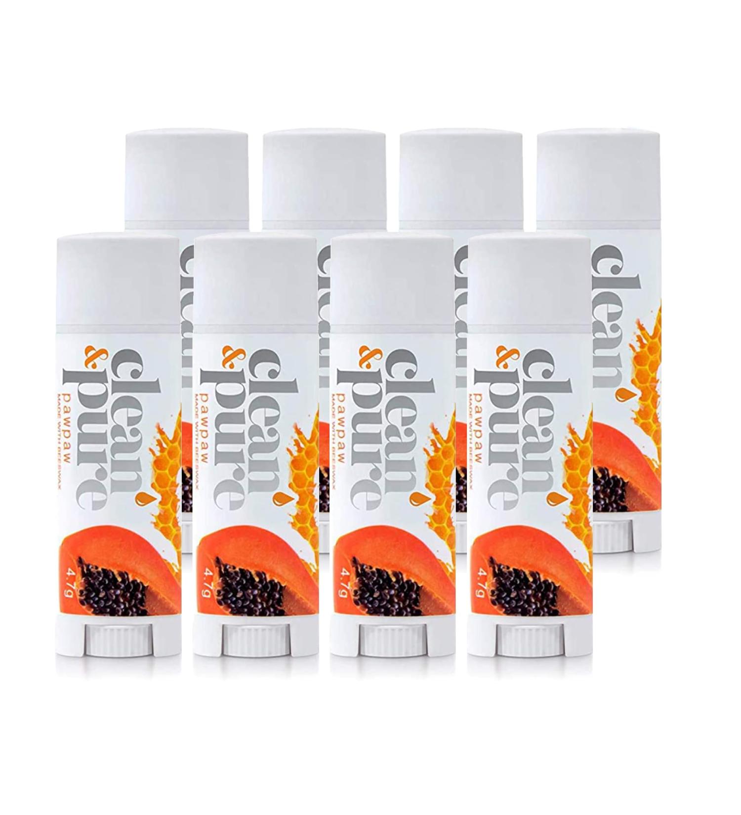 Clean & Pure Lip Balm 8-Pack (Pawpaw) | Lip Care Set With 100% All Natural Beeswax and Vitamin E Oil | Flavored Lip Balm for Dry Chapped Lips | Made in Australia  - Buy Online on GoSupps.com