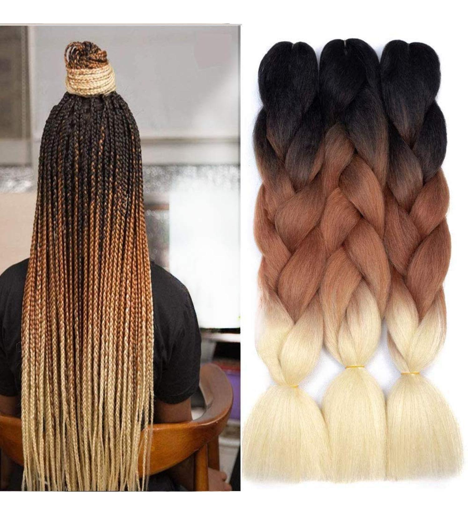 Fanyu 3 Packs 24 Synthetic Braiding Hair - Ombre Jumbo Braids Extensions for Crochet (DB-Black-Brown Blonde) - Buy Online on GoSupps.com